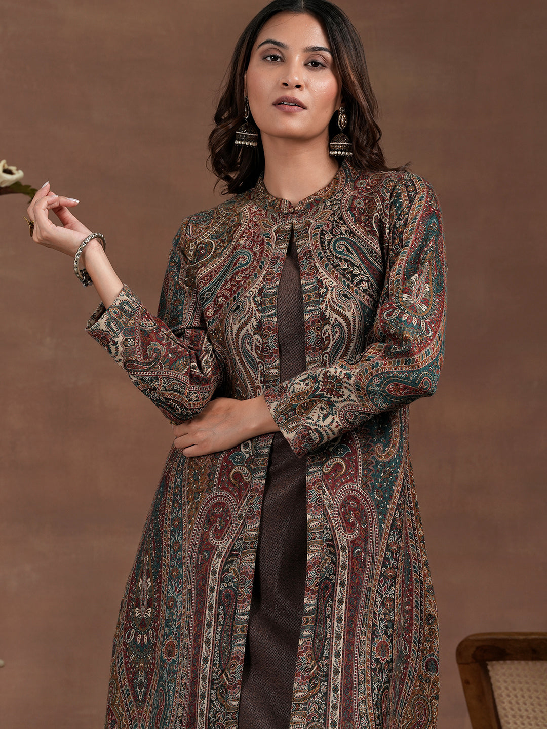 Brown Solid Wool Blend Straight Kurta Set-48809W