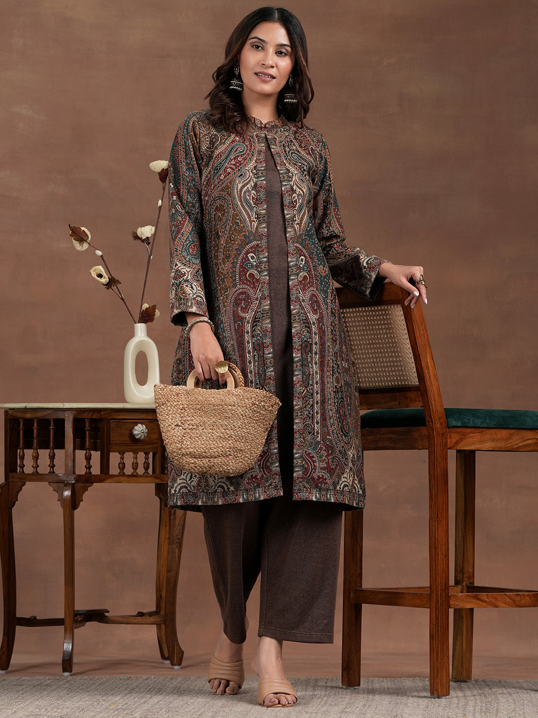 Brown Solid Wool Blend Straight Kurta Set-48809W