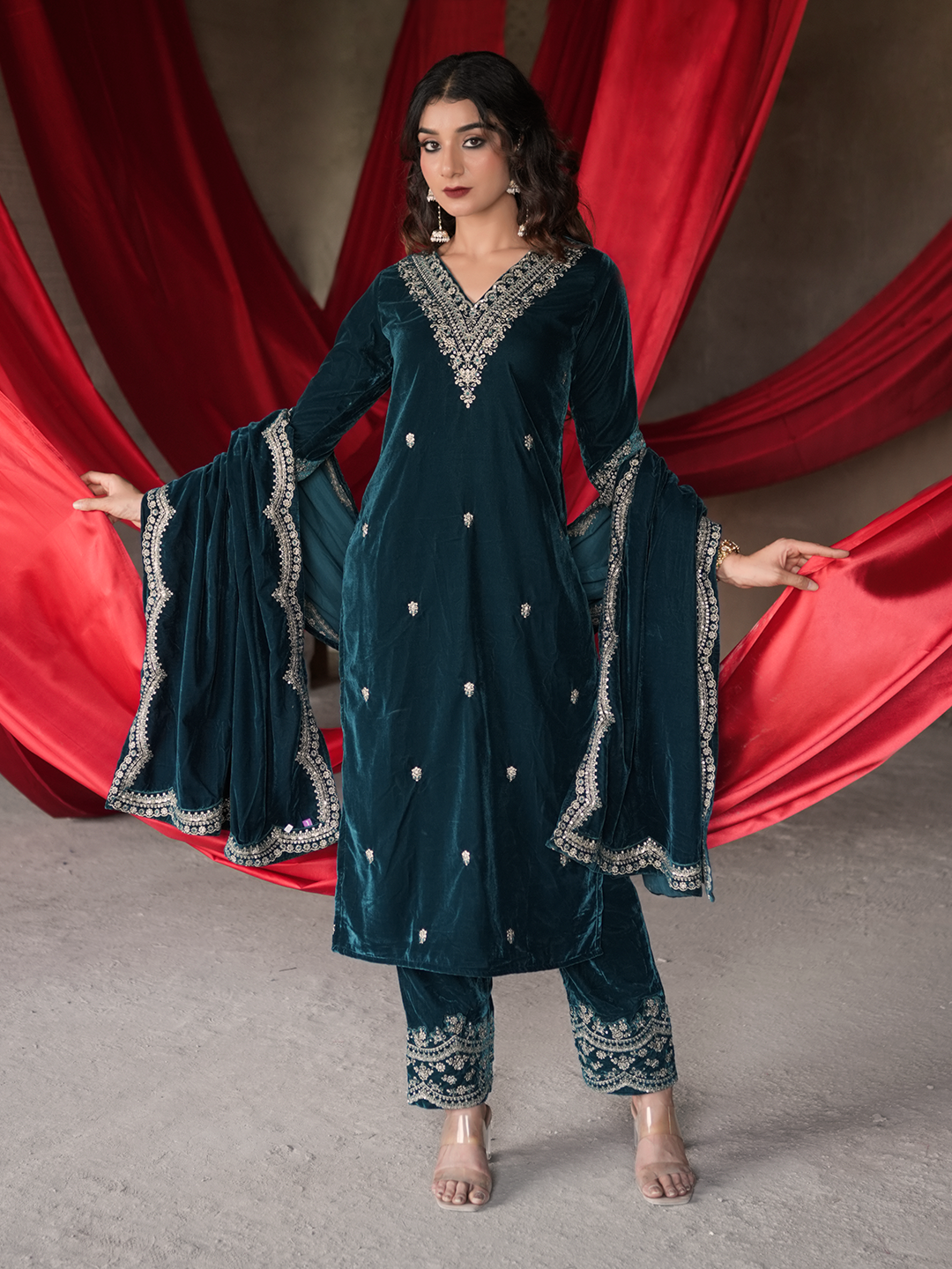 Teal Blue Embroidered Velvet Straight Suit With Dupatta