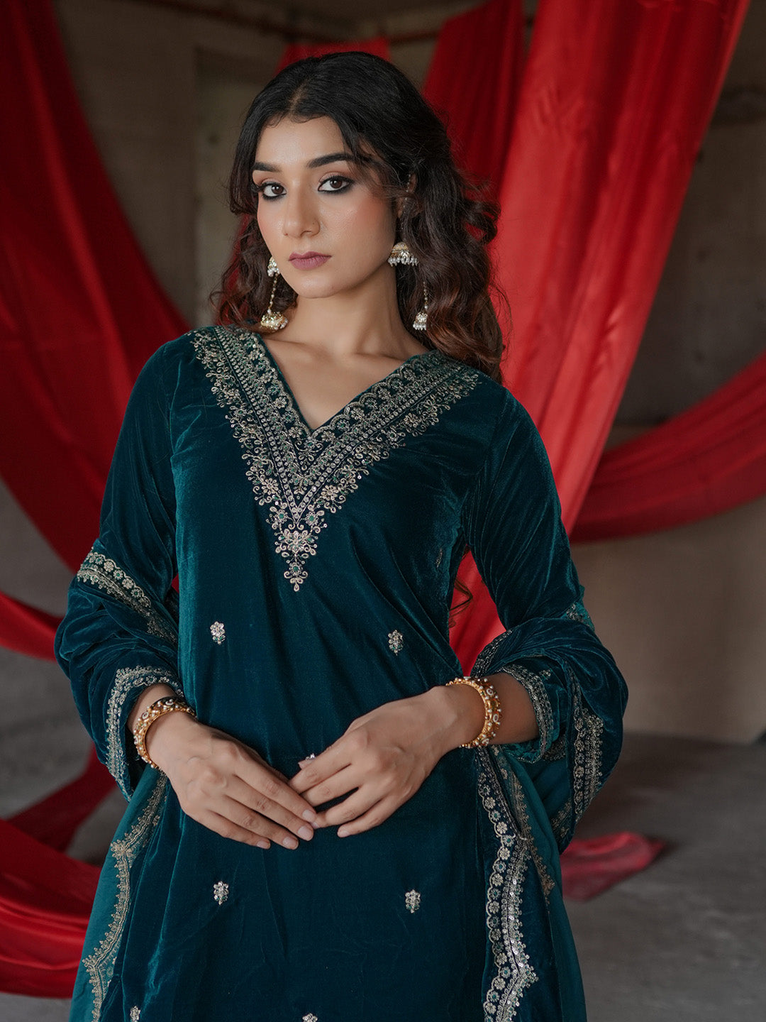 Teal Blue Embroidered Velvet Straight Suit With Dupatta