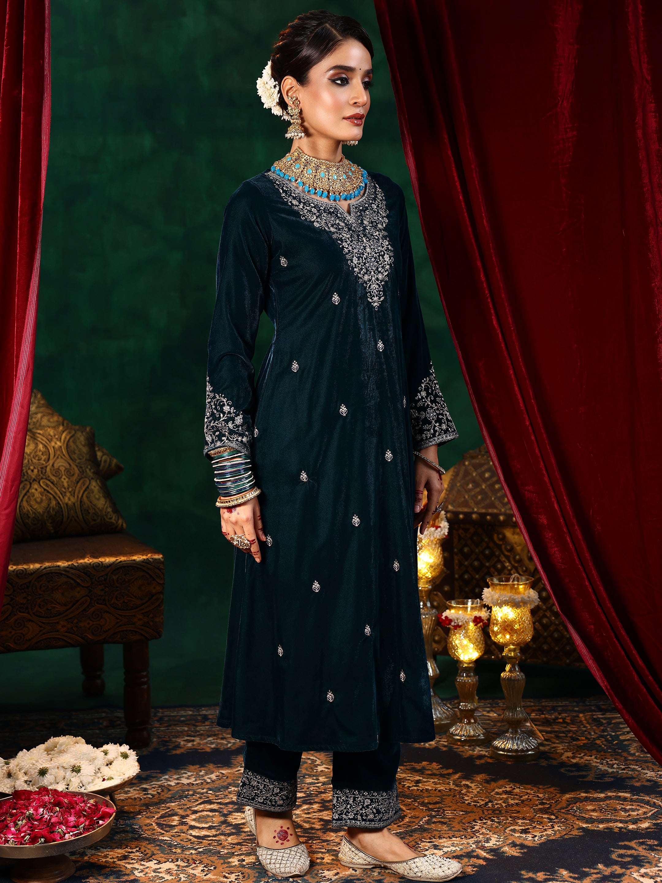 Teal Blue Embroidered Velvet A-Line Kurta With Palazzos & Dupatta