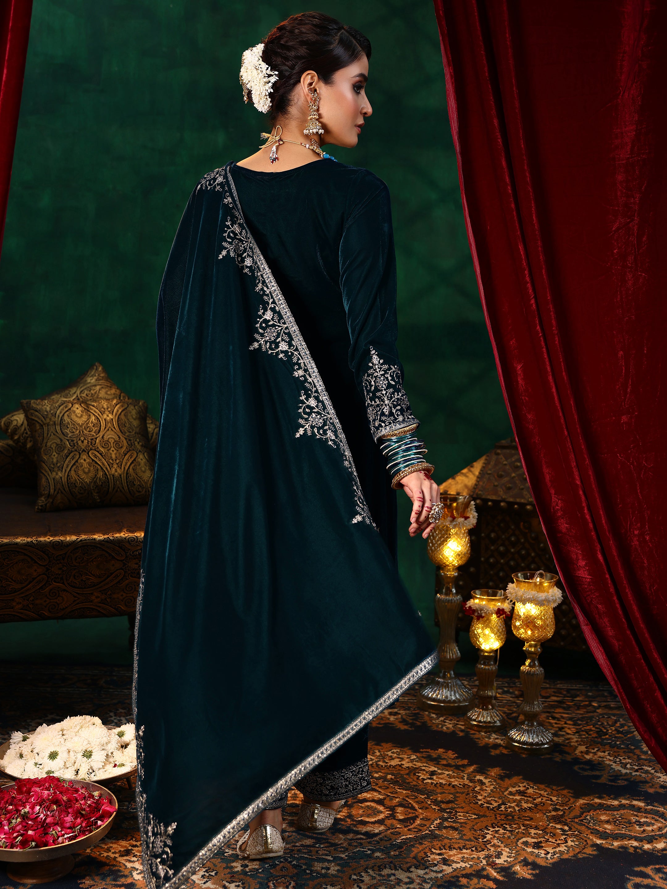 Teal Blue Embroidered Velvet A-Line Kurta With Palazzos & Dupatta