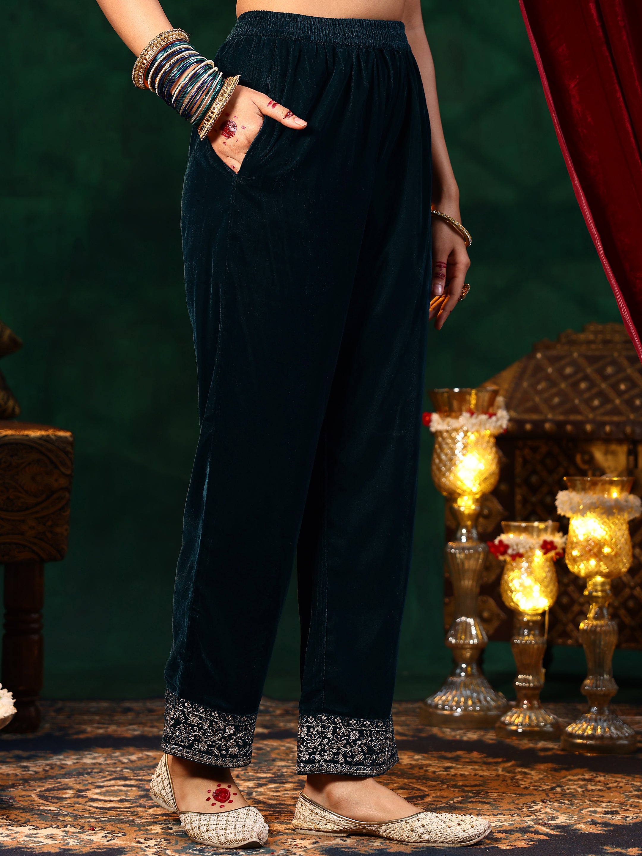 Teal Blue Embroidered Velvet A-Line Kurta With Palazzos & Dupatta