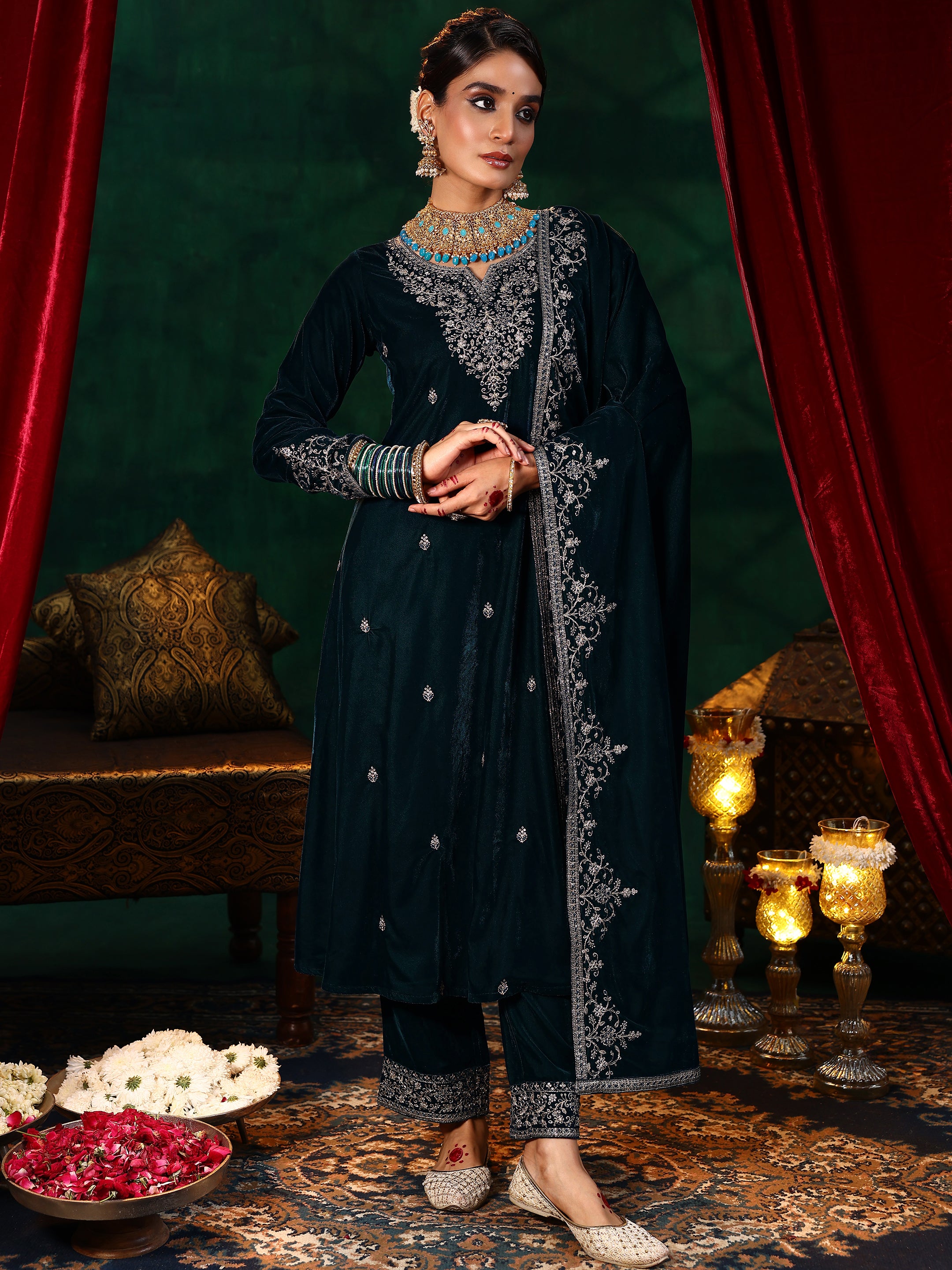 Teal Blue Embroidered Velvet A-Line Kurta With Palazzos & Dupatta