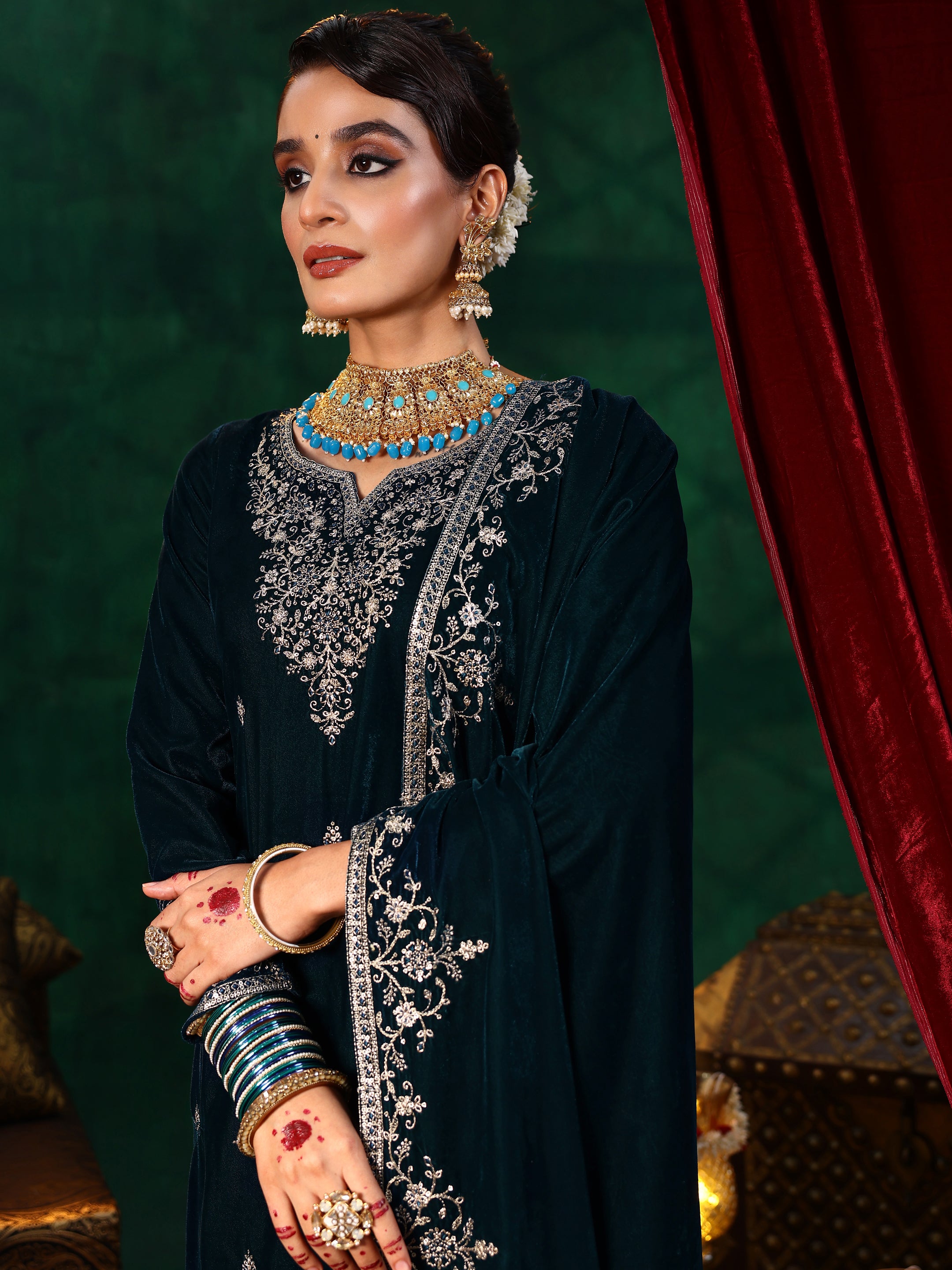 Teal Blue Embroidered Velvet A-Line Kurta With Palazzos & Dupatta