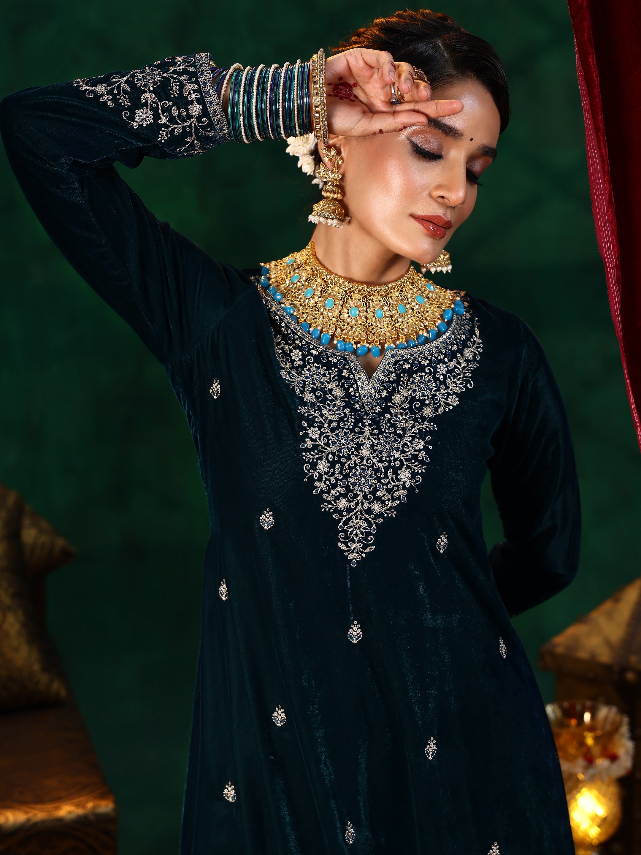 Teal Blue Embroidered Velvet A-Line Kurta With Palazzos & Dupatta