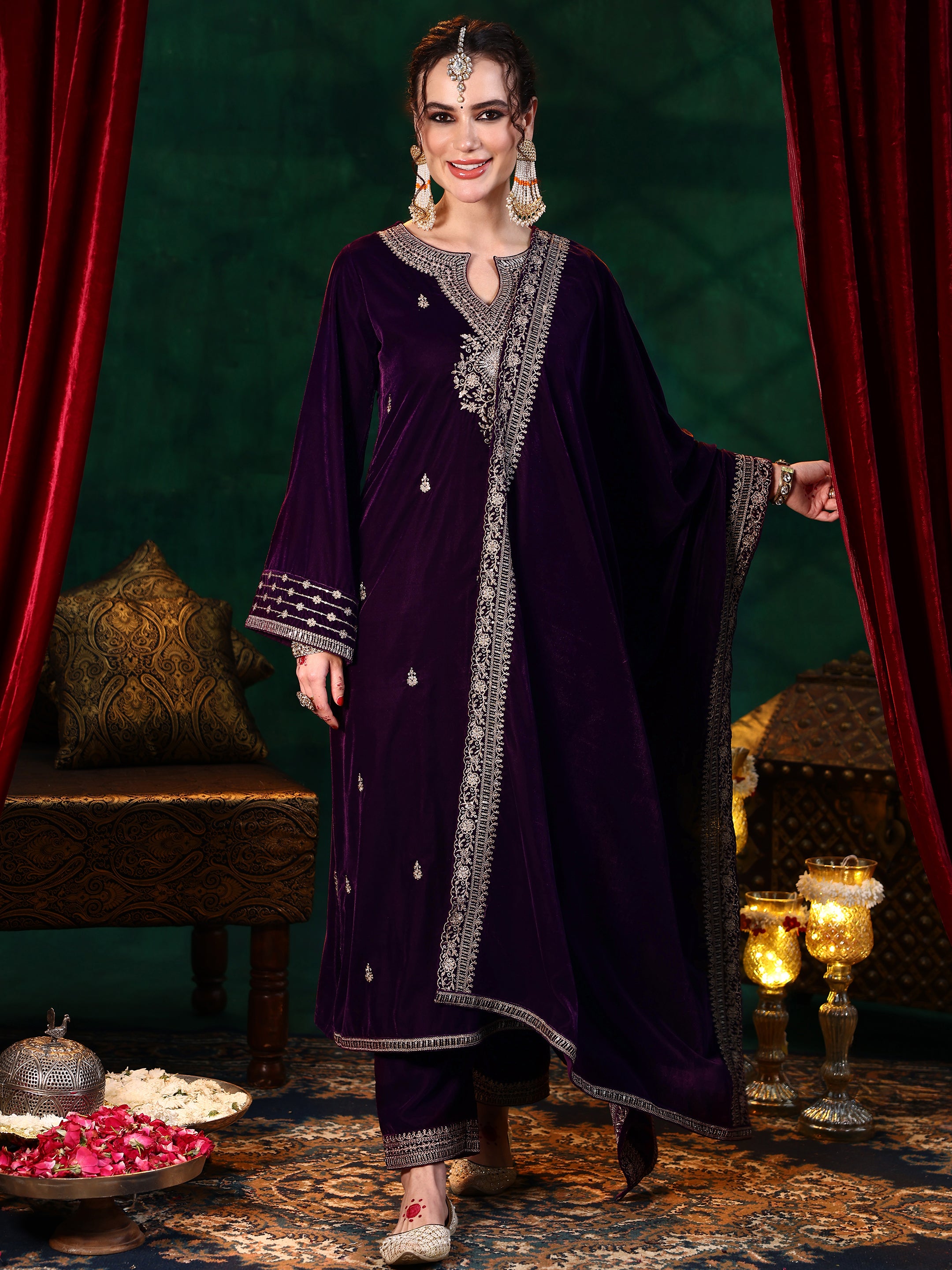 Burgundy Embroidered Velvet Straight Suit With Dupatta