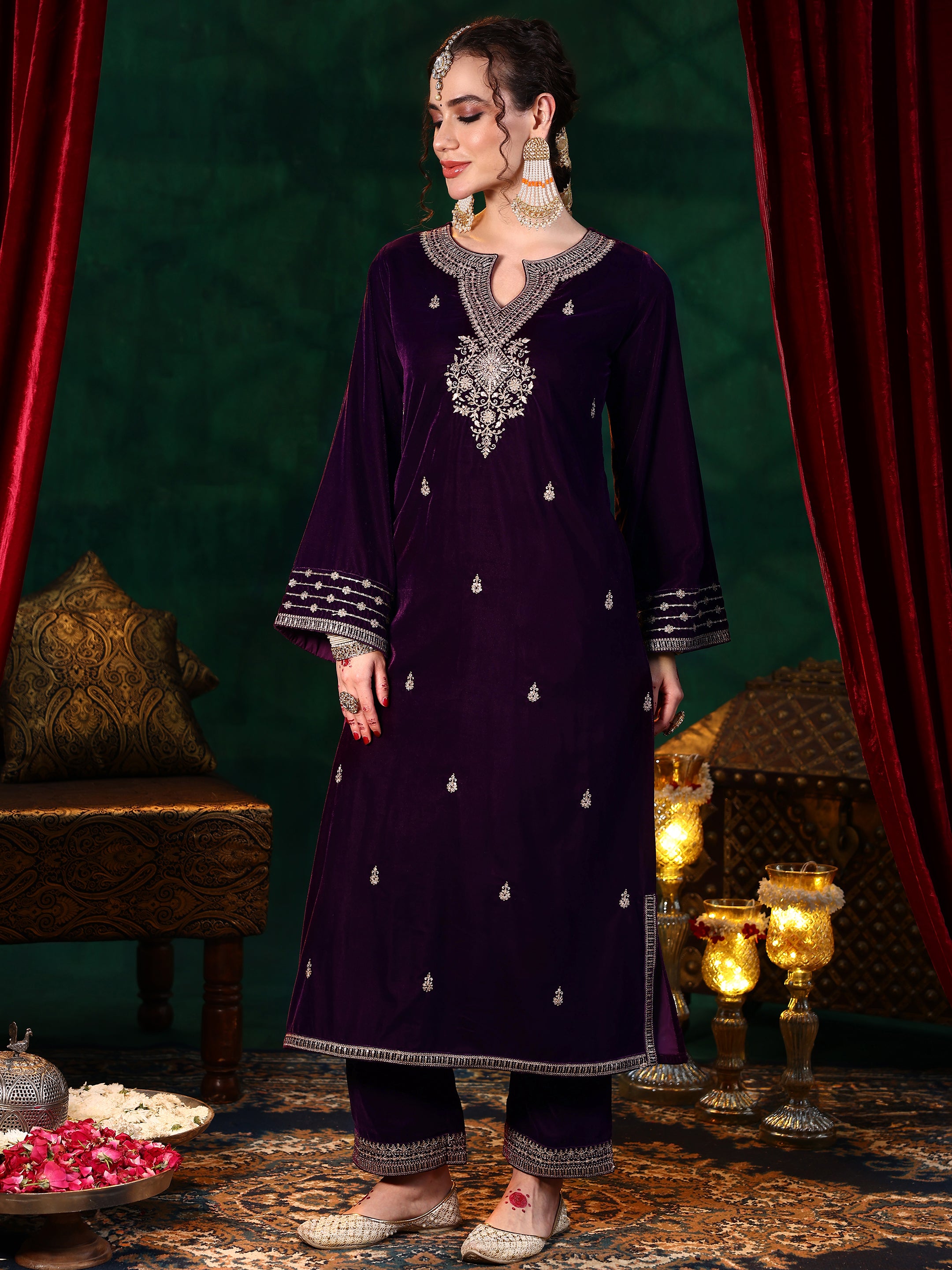 Burgundy Embroidered Velvet Straight Suit With Dupatta