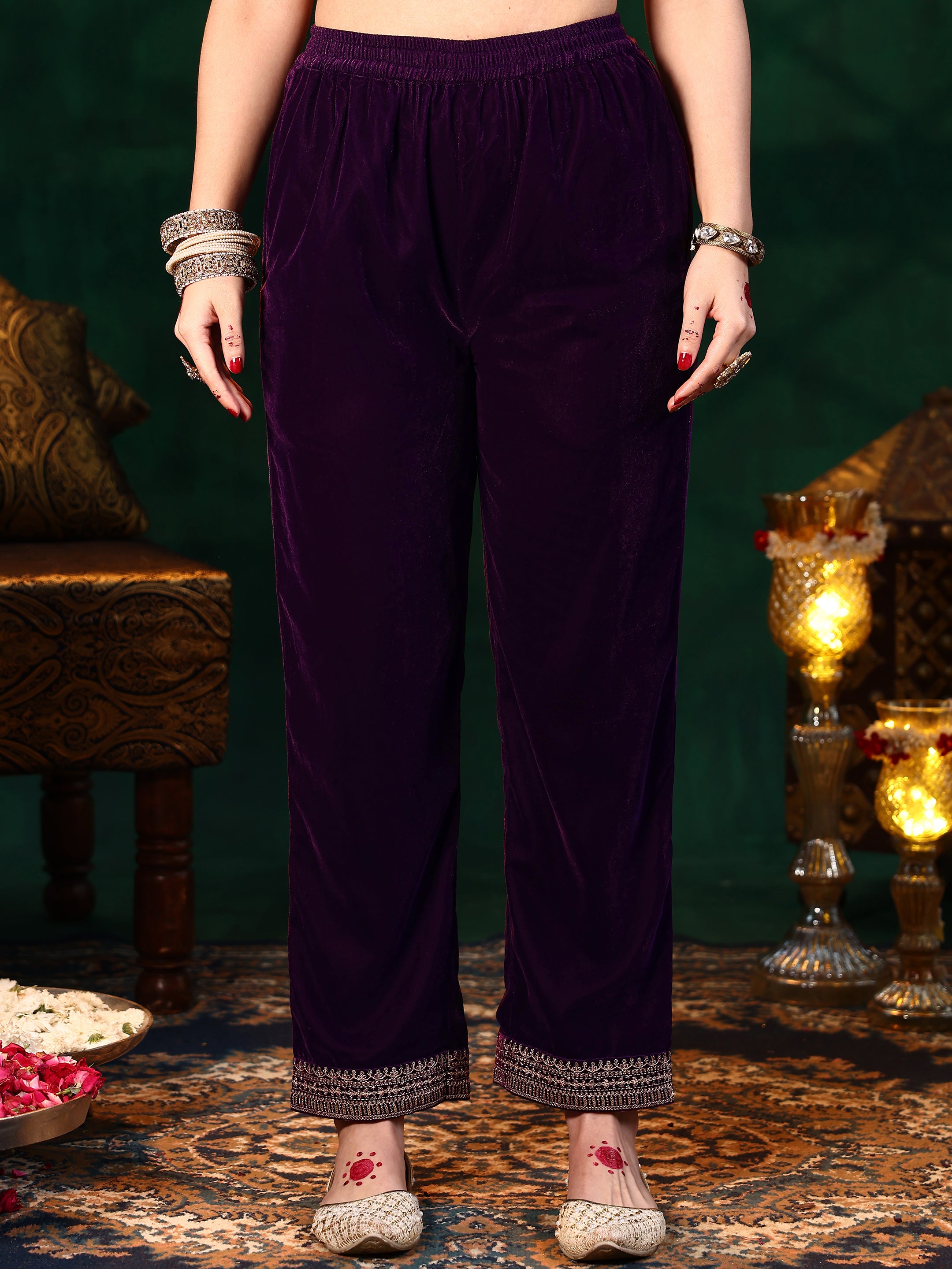 Burgundy Embroidered Velvet Straight Suit With Dupatta