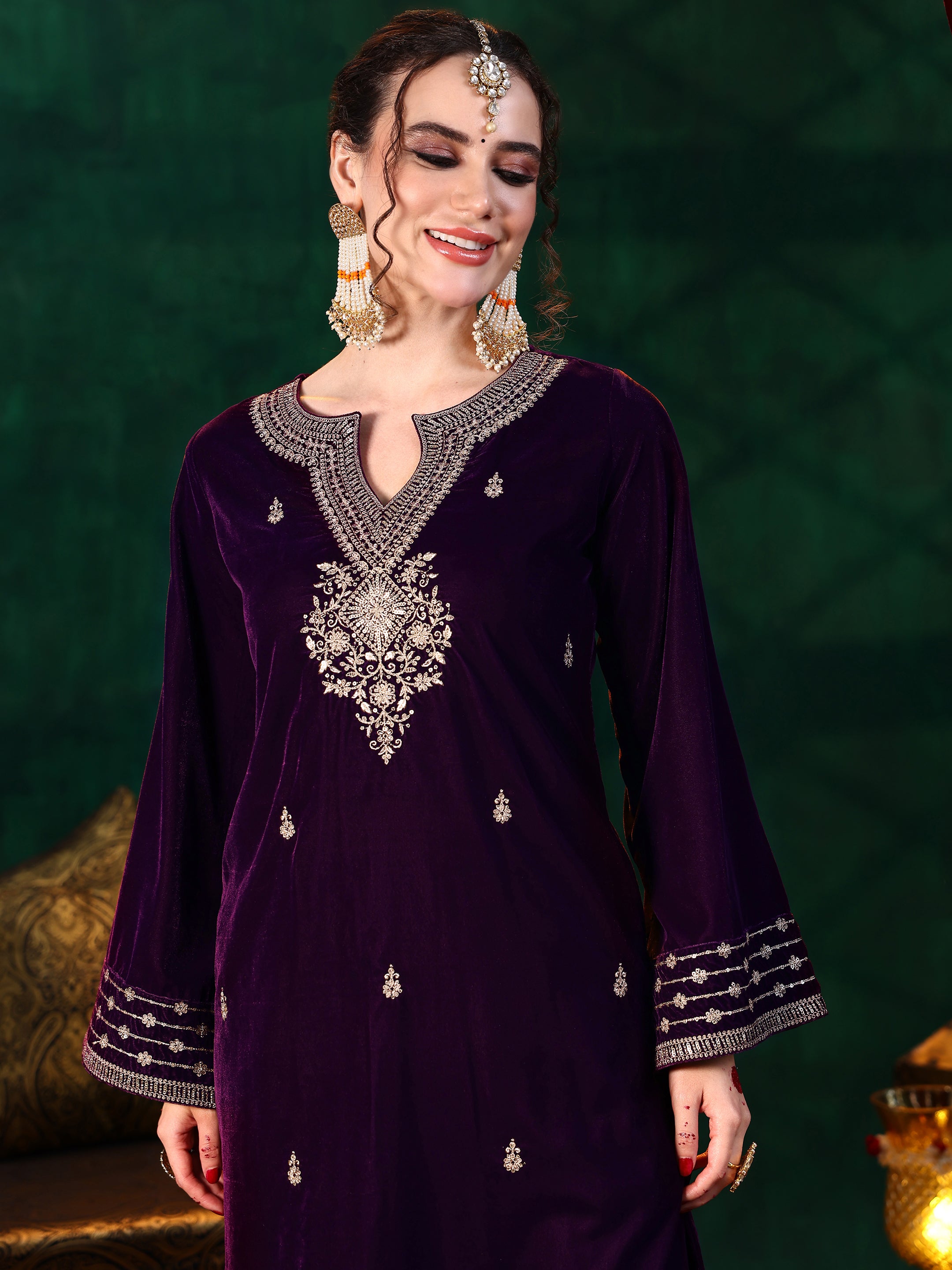 Burgundy Embroidered Velvet Straight Suit With Dupatta