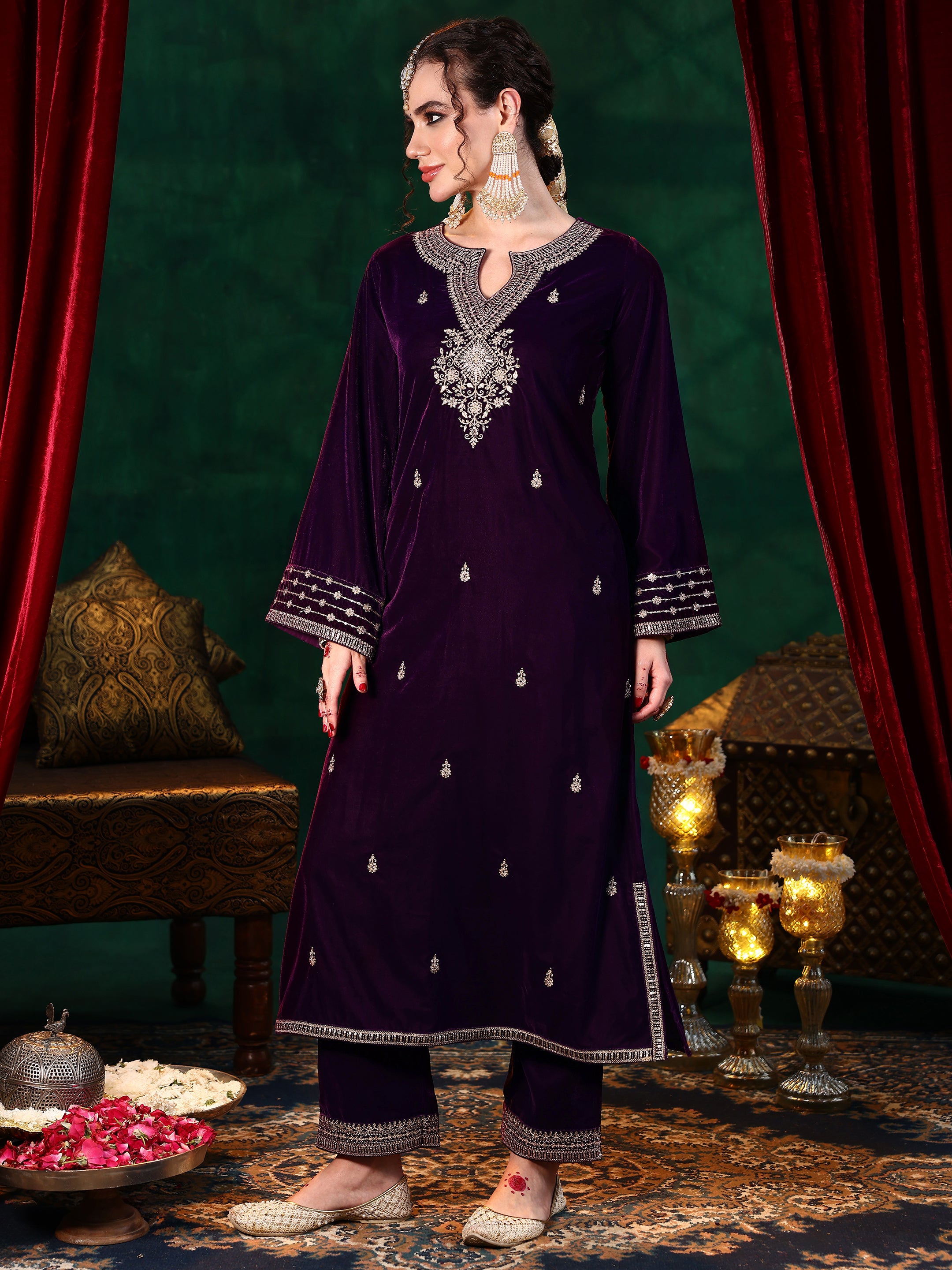 Burgundy Embroidered Velvet Straight Suit With Dupatta