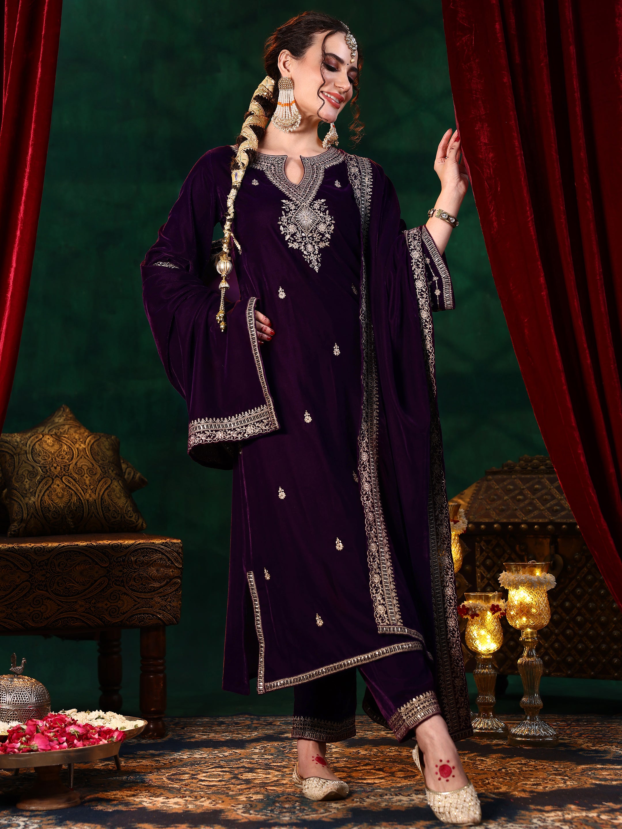 Burgundy Embroidered Velvet Straight Suit With Dupatta