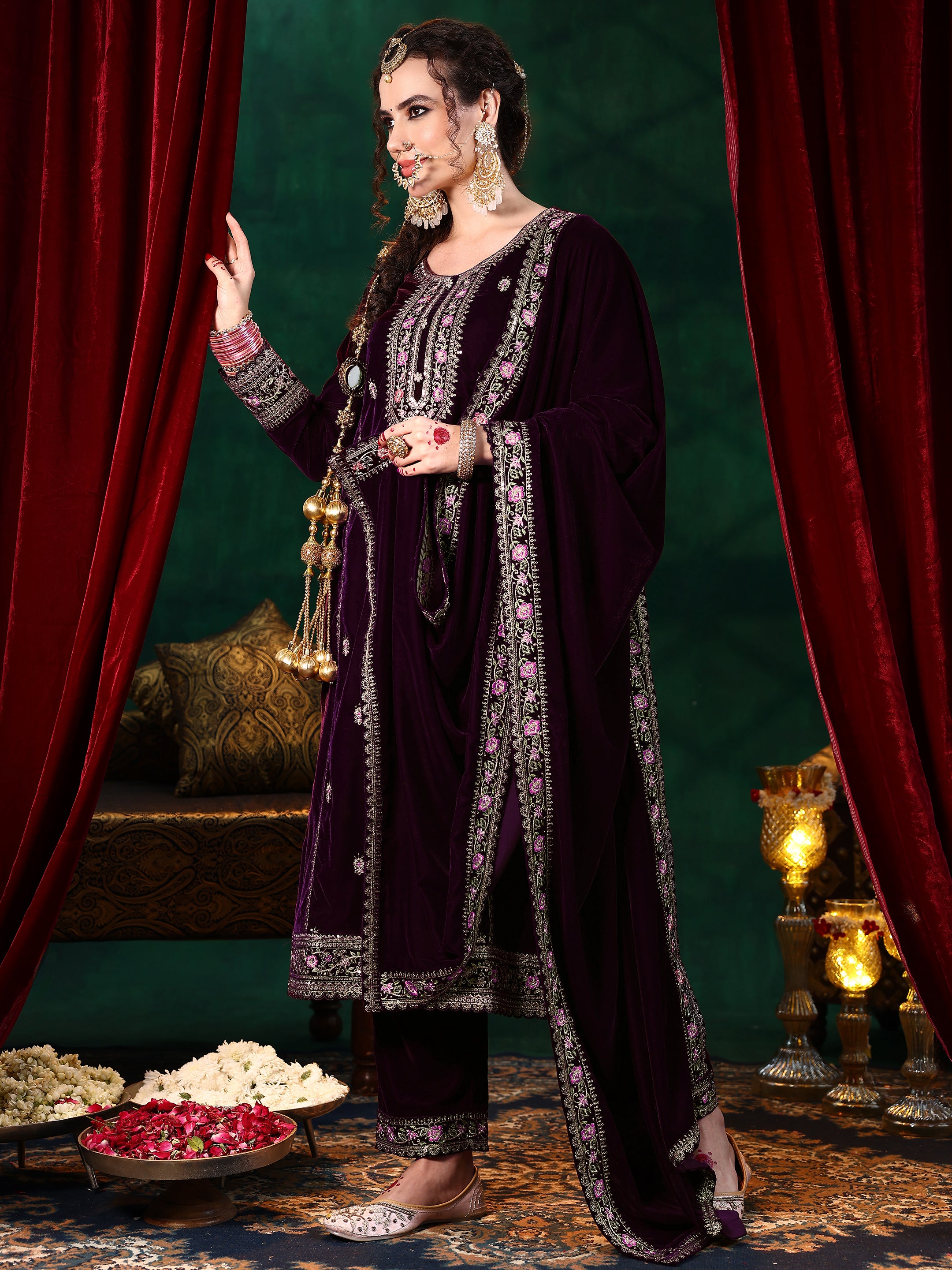 Wine Embroidered Velvet Straight Suit With Dupatta