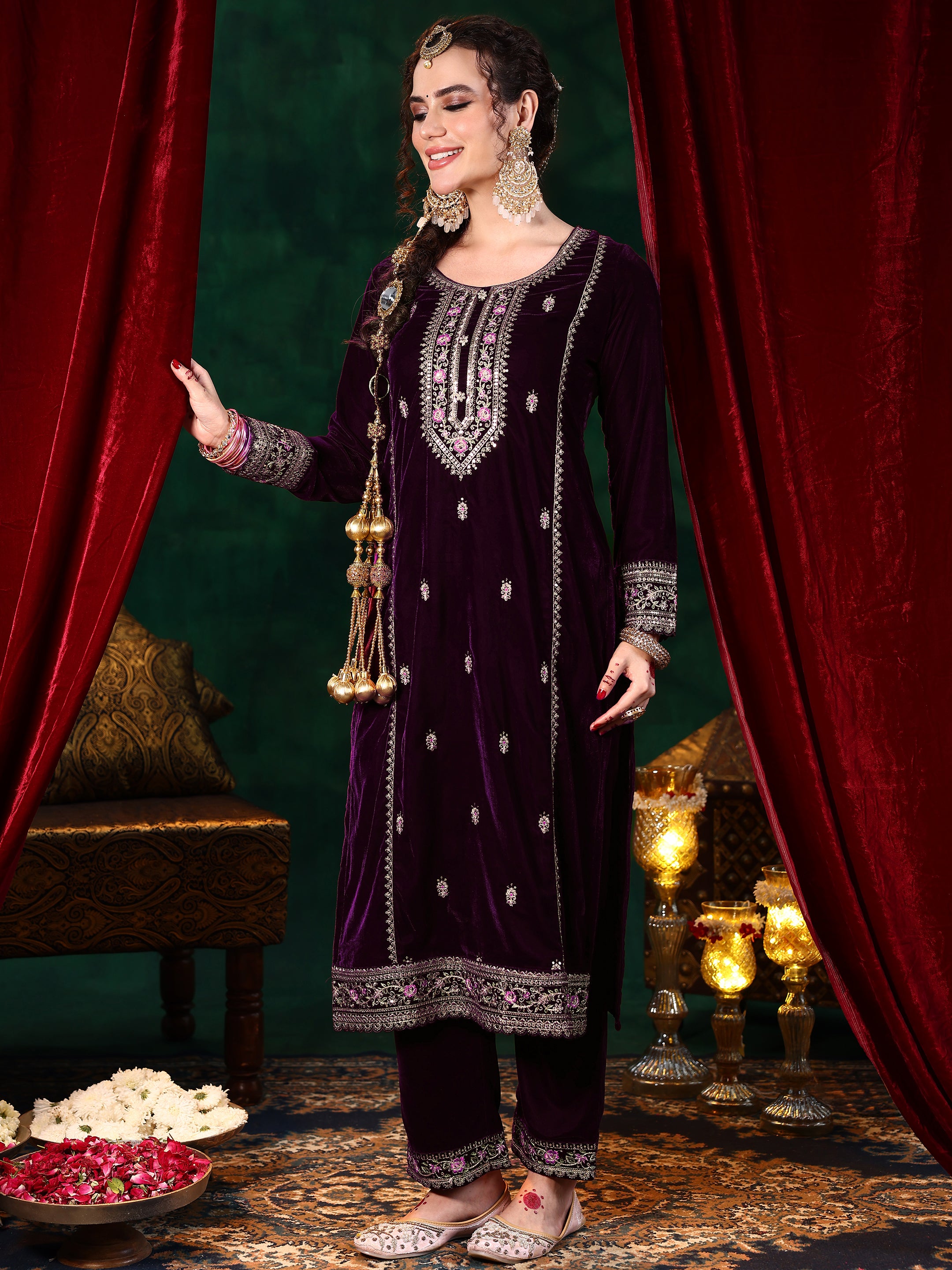 Wine Embroidered Velvet Straight Suit With Dupatta