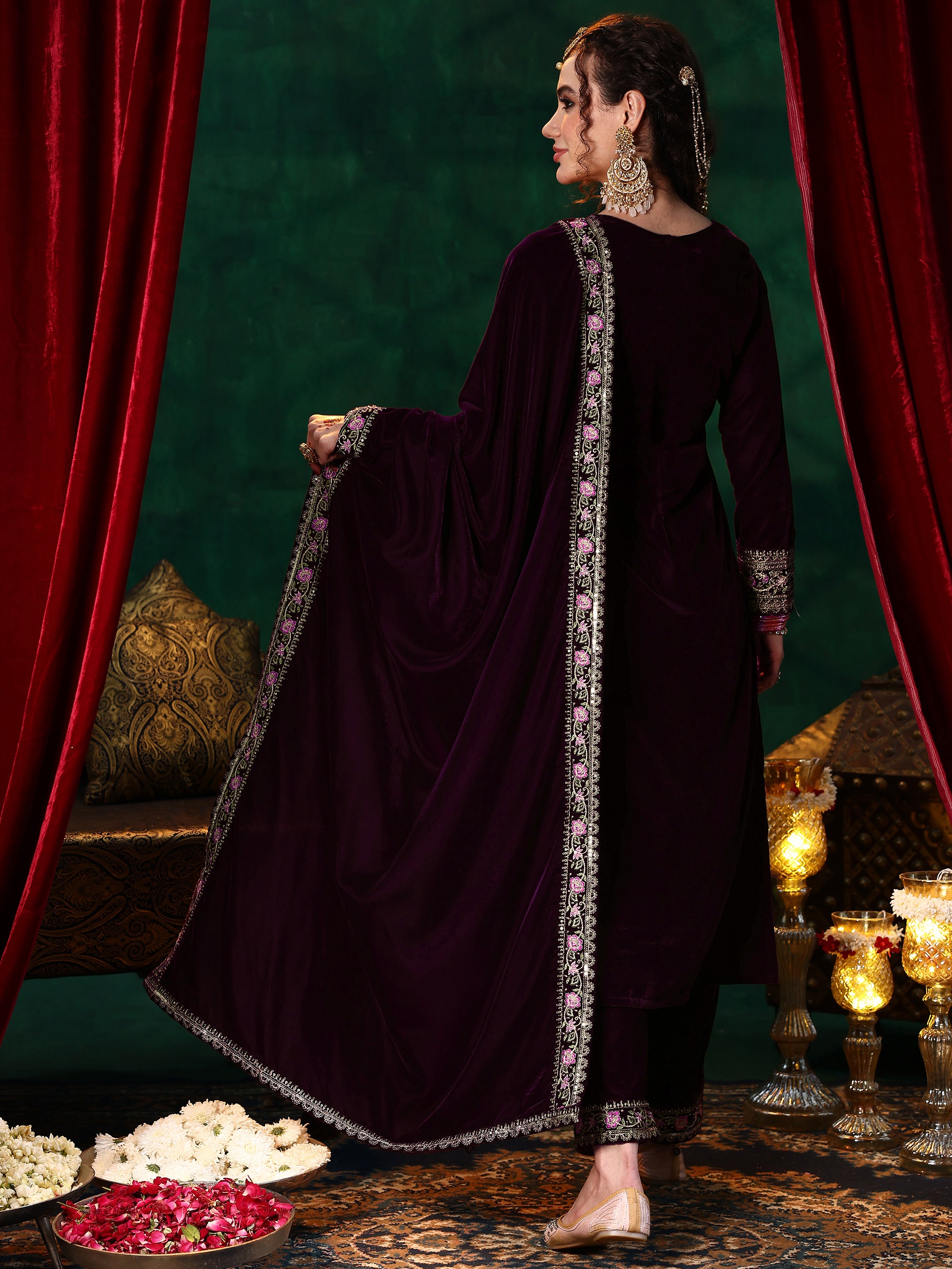 Wine Embroidered Velvet Straight Suit With Dupatta