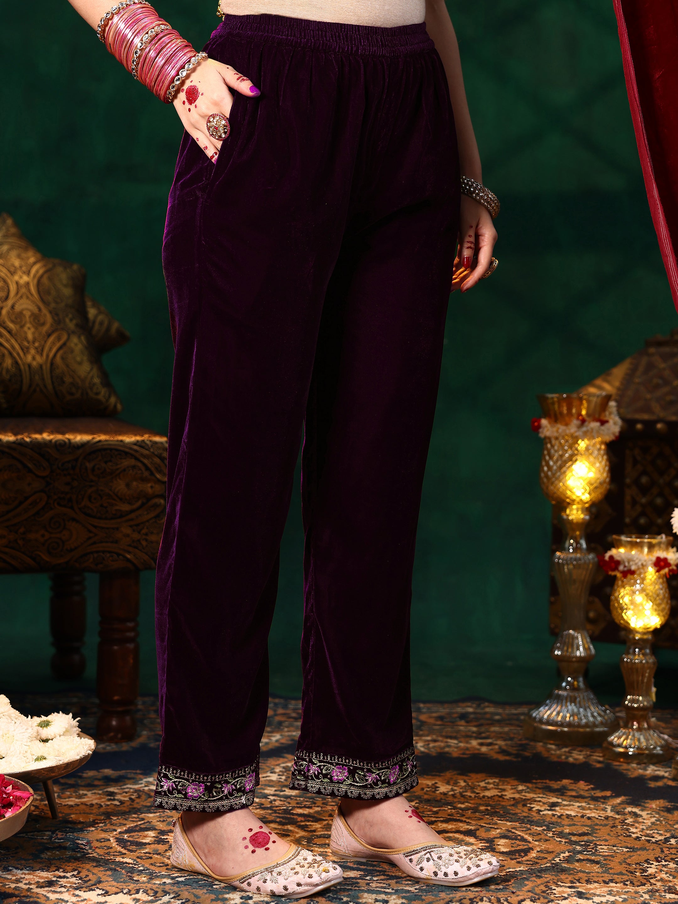 Wine Embroidered Velvet Straight Suit With Dupatta