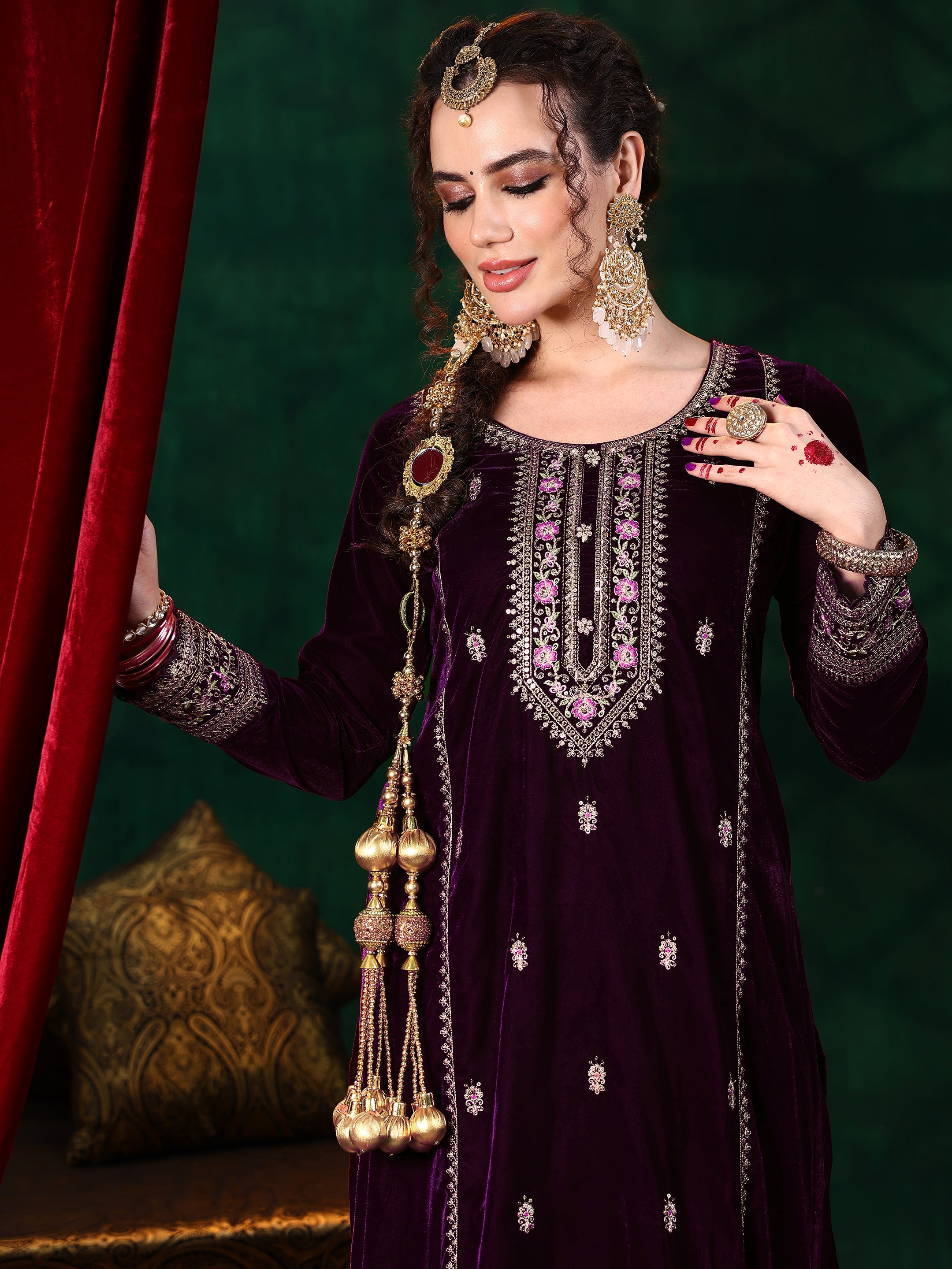 Wine Embroidered Velvet Straight Suit With Dupatta