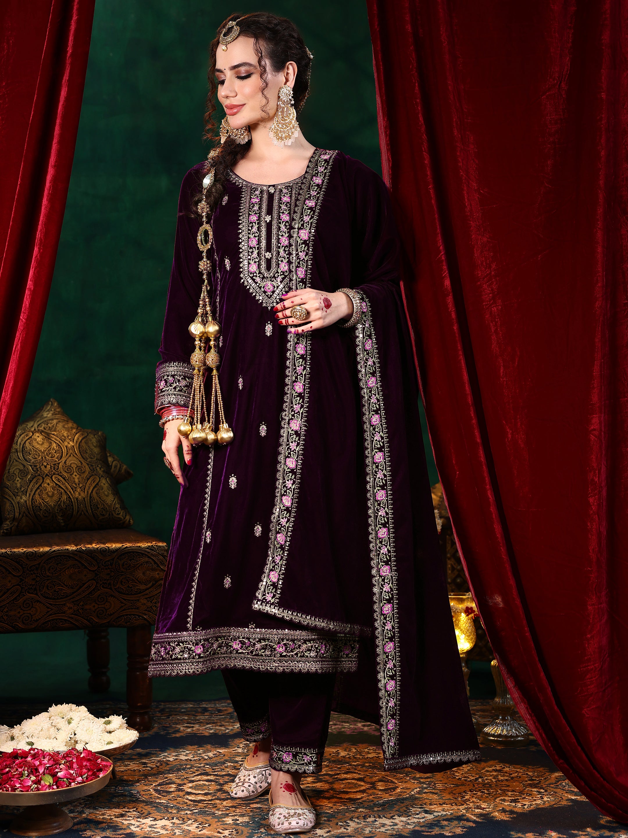 Wine Embroidered Velvet Straight Suit With Dupatta