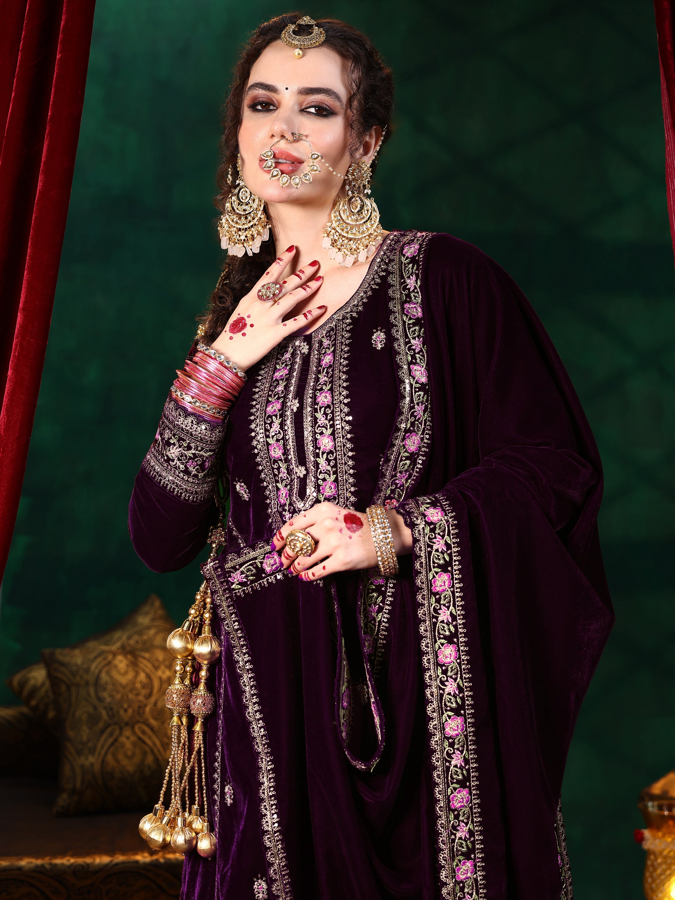 Wine Embroidered Velvet Straight Suit With Dupatta