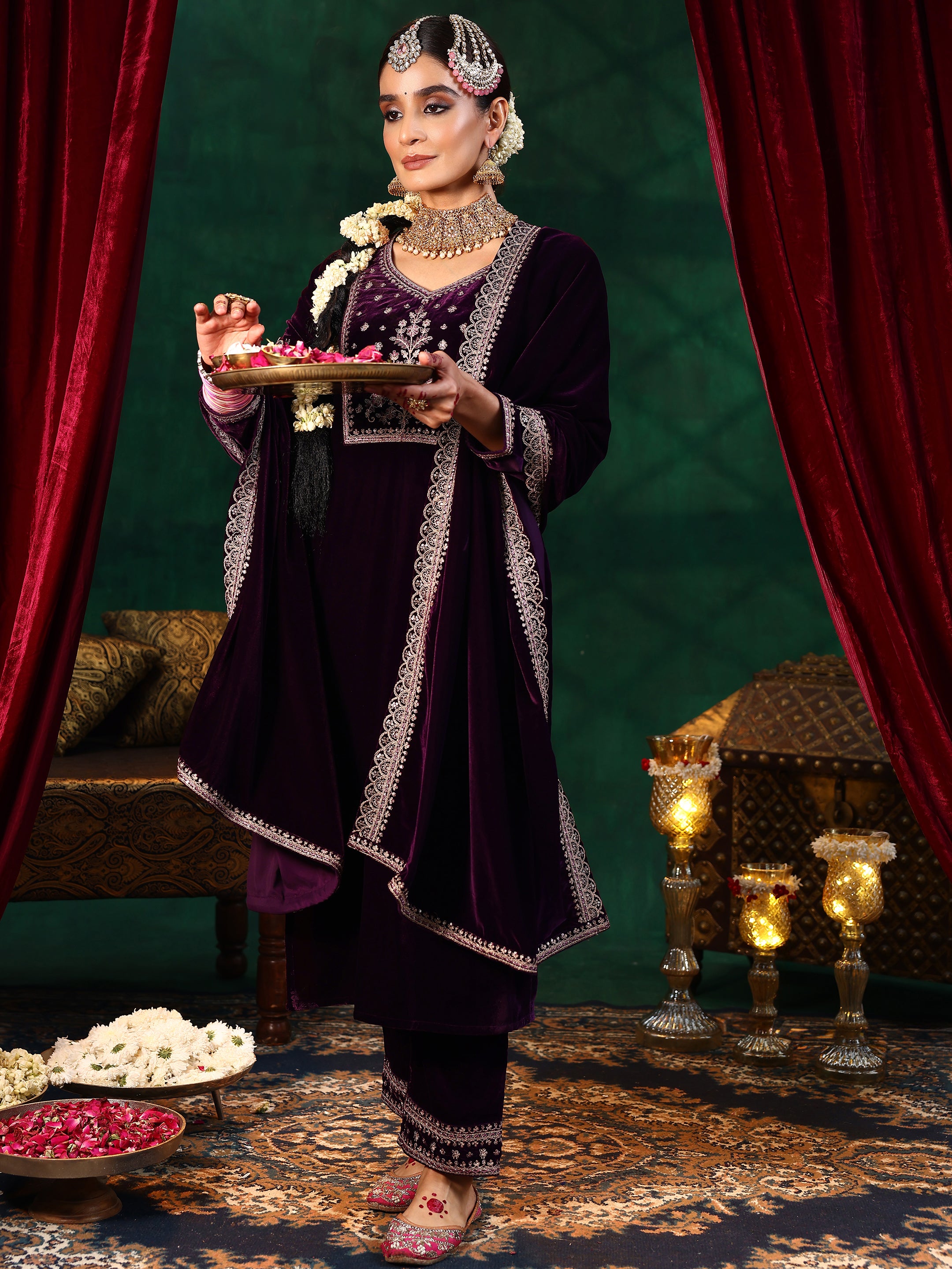 Burgundy Yoke Design Velvet Straight Suit With Dupatta