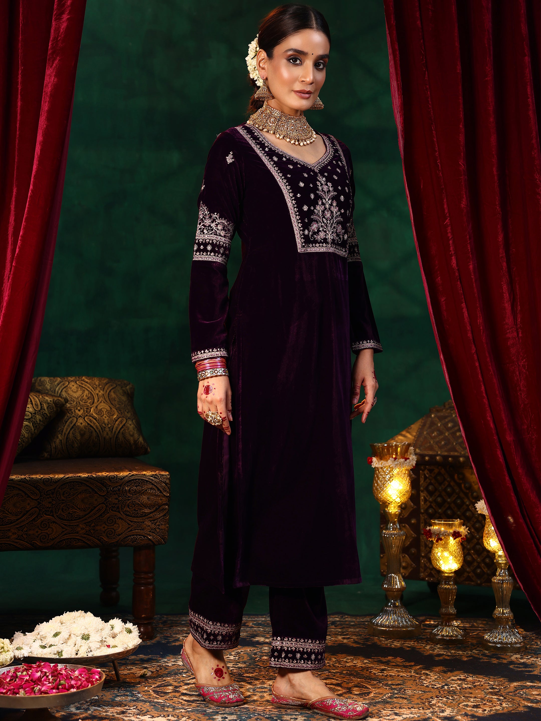 Burgundy Yoke Design Velvet Straight Suit With Dupatta