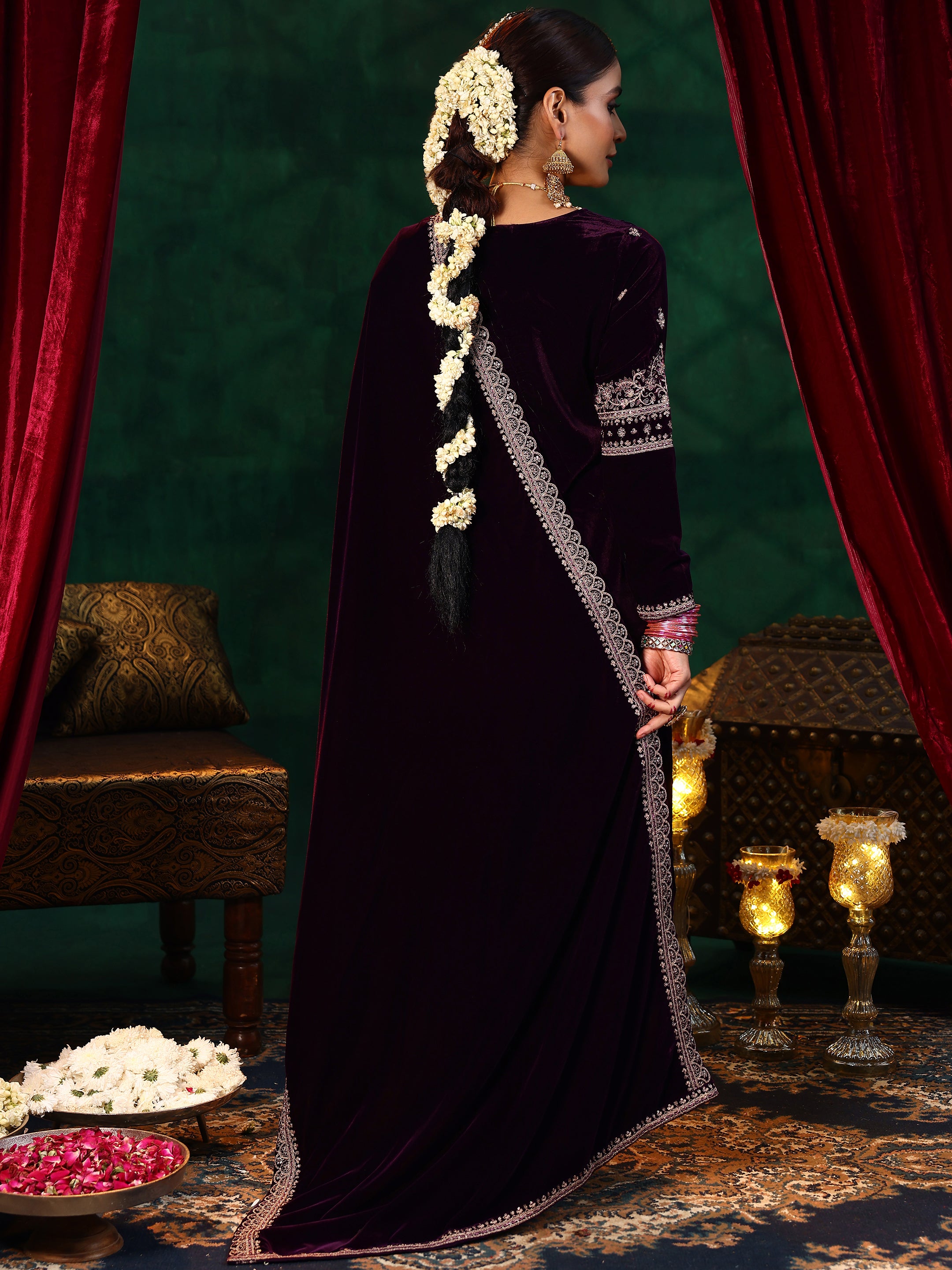 Burgundy Yoke Design Velvet Straight Suit With Dupatta