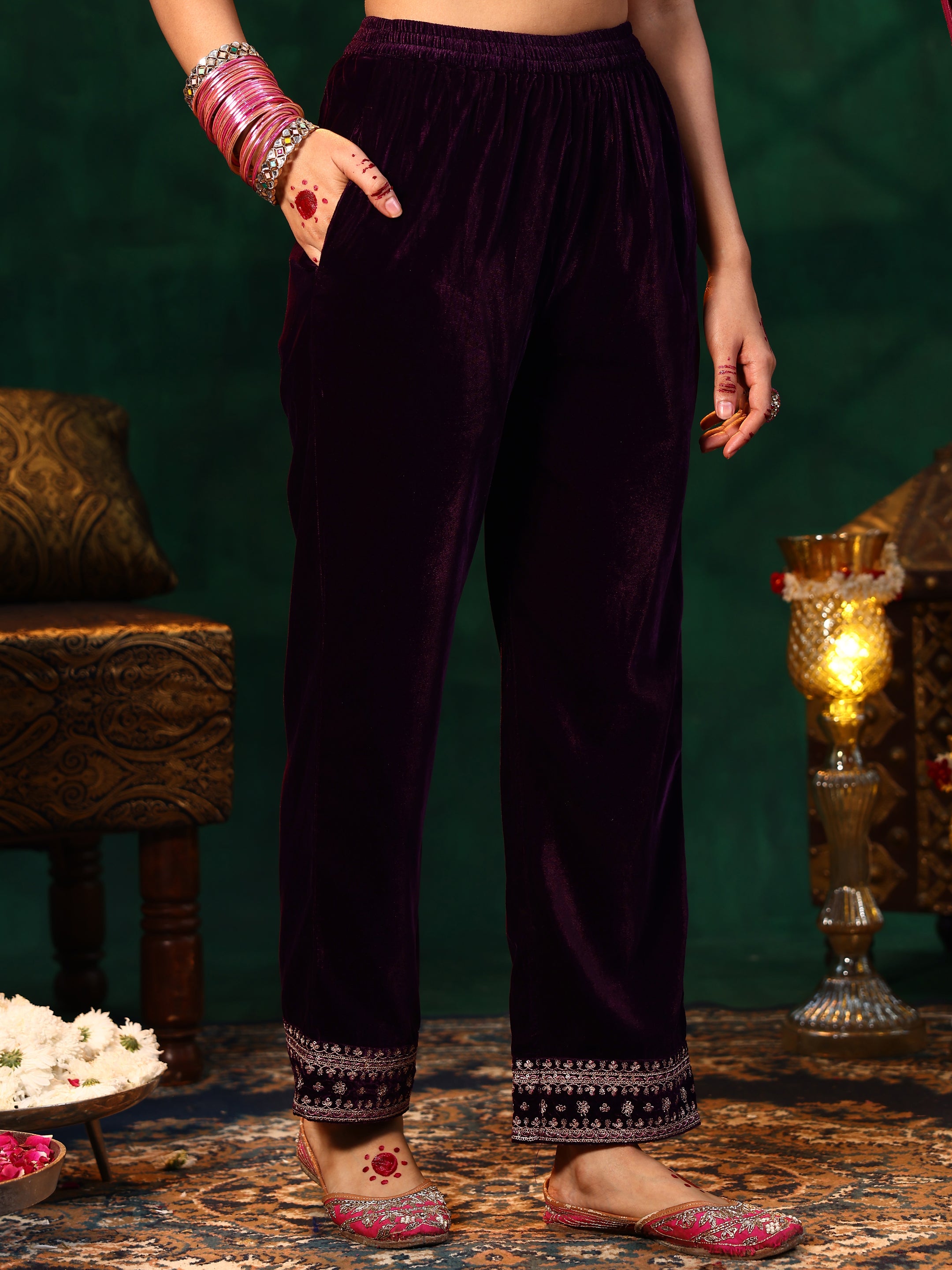 Burgundy Yoke Design Velvet Straight Suit With Dupatta