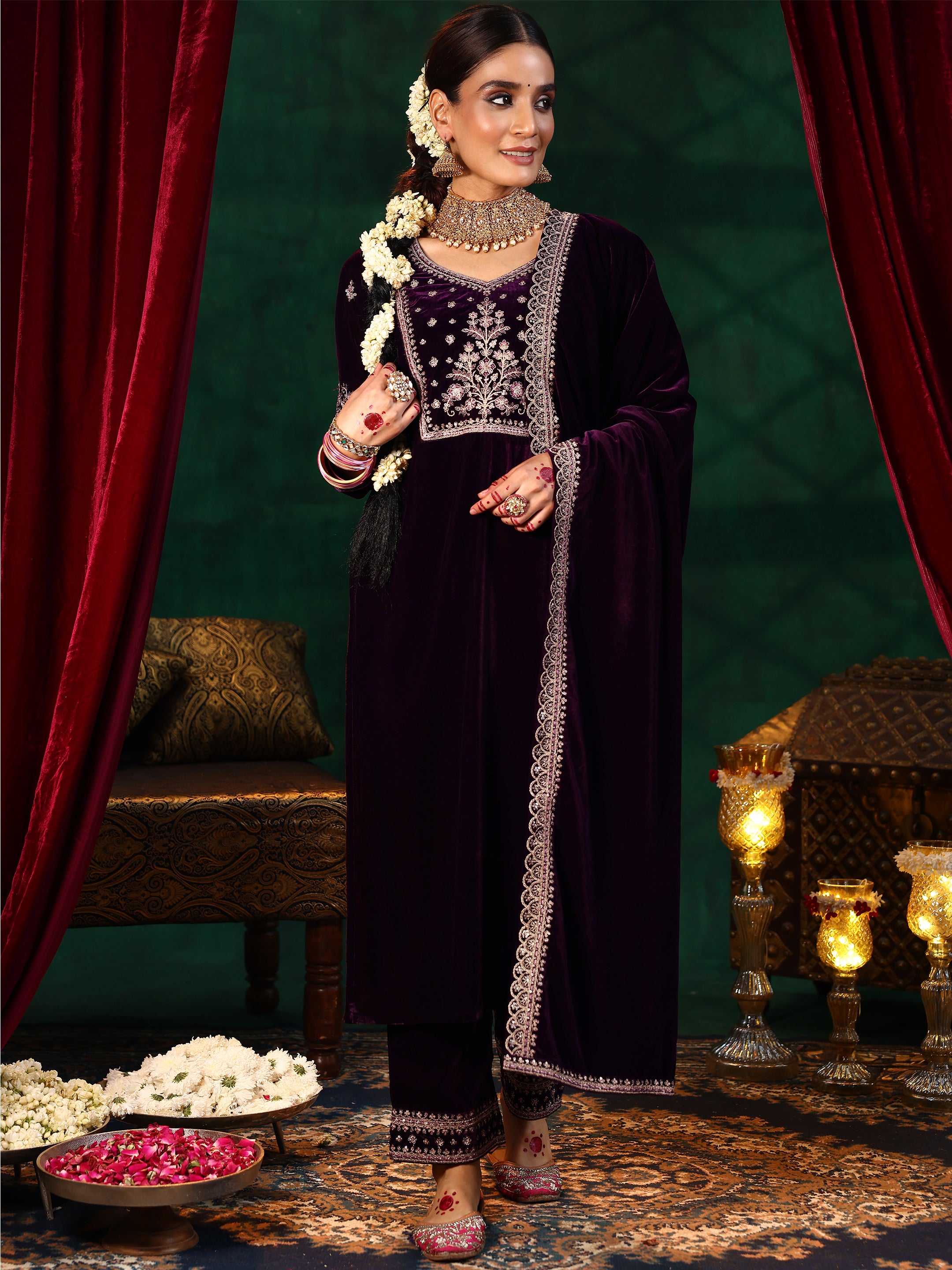 Burgundy Yoke Design Velvet Straight Suit With Dupatta