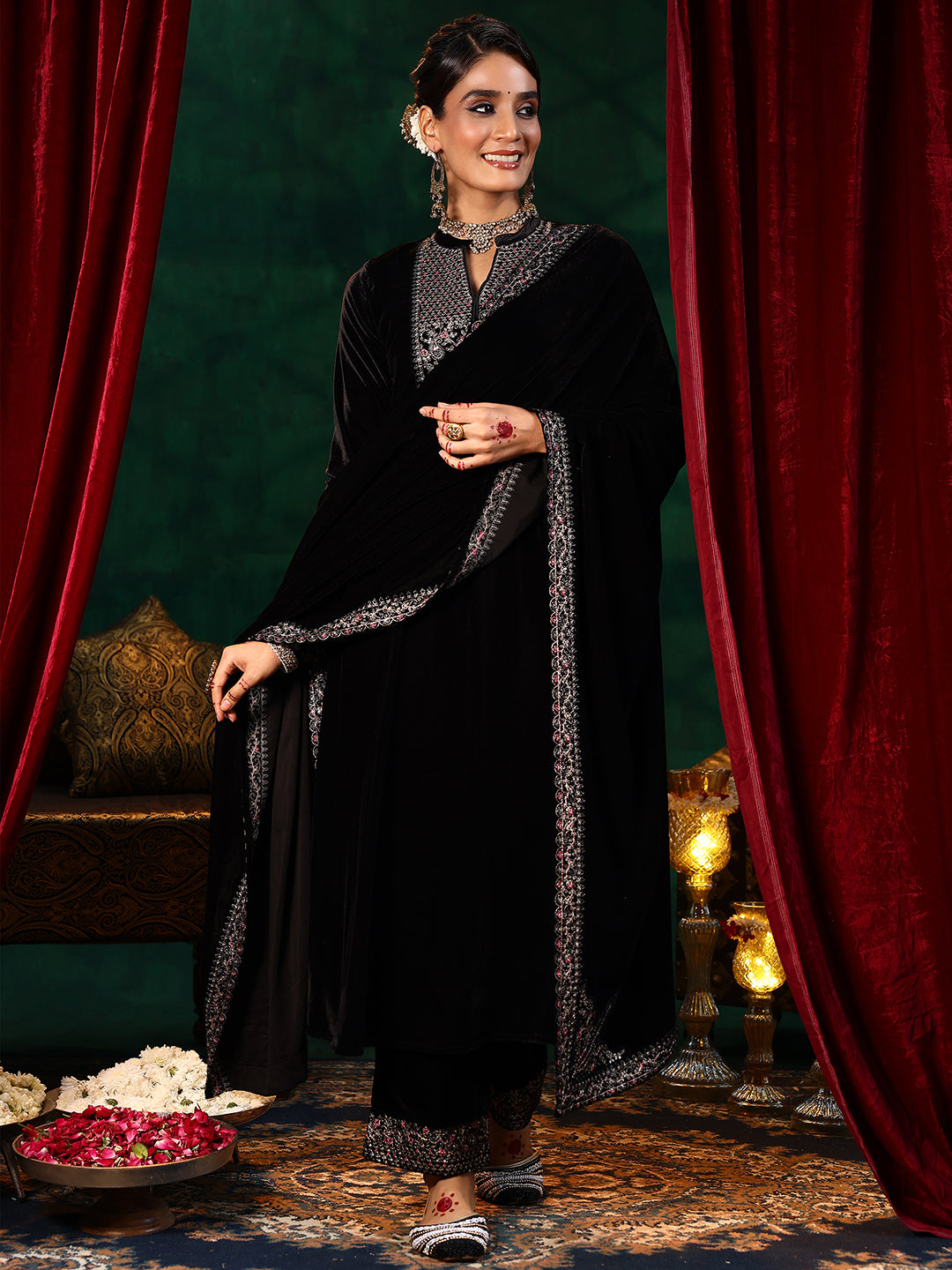 Black Yoke Design Velvet Straight Suit With Dupatta