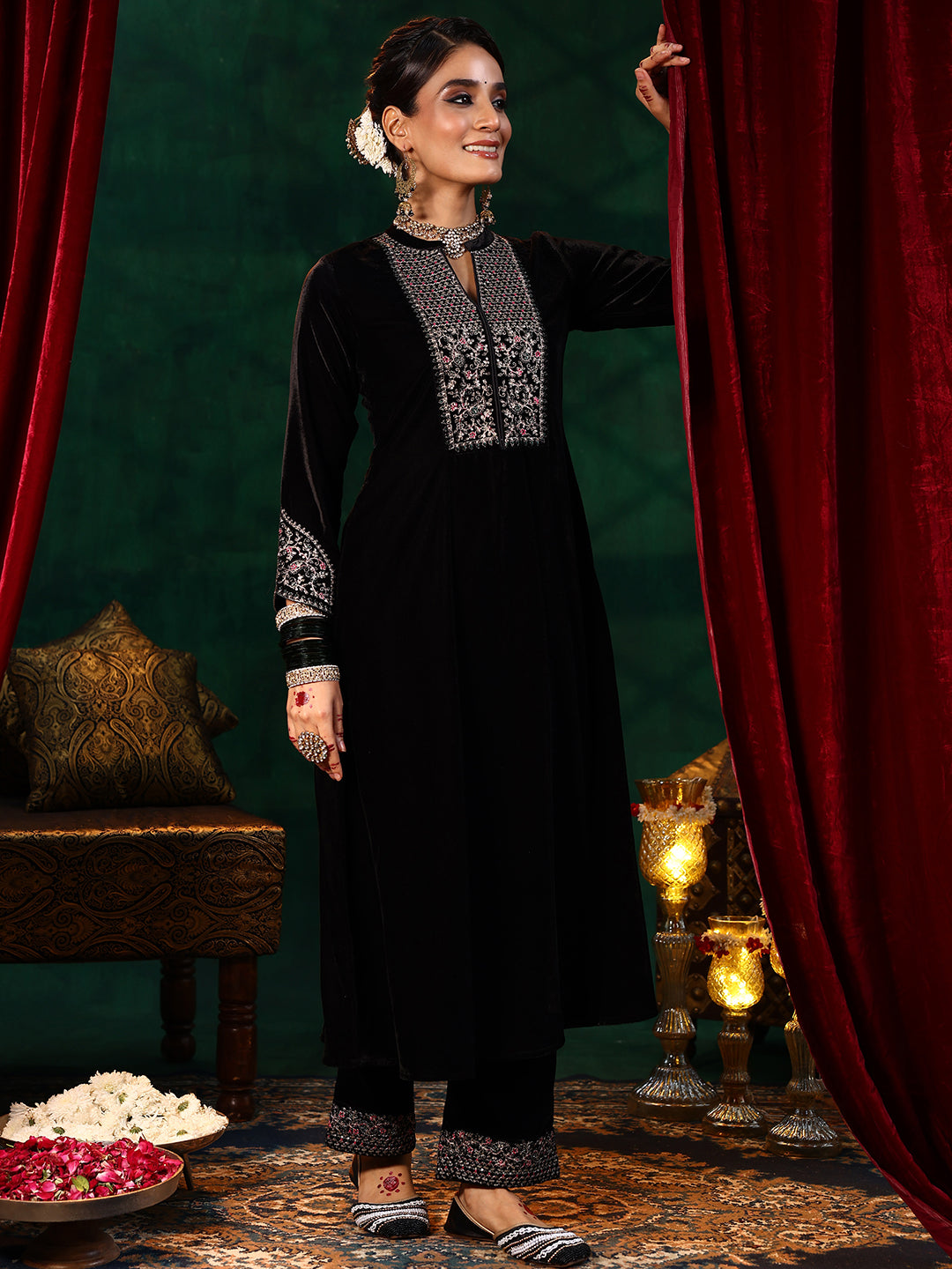 Black Yoke Design Velvet Straight Suit With Dupatta