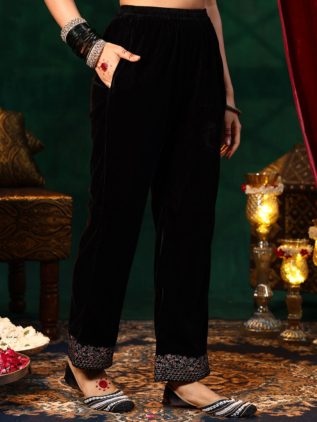 Black Yoke Design Velvet Straight Suit With Dupatta