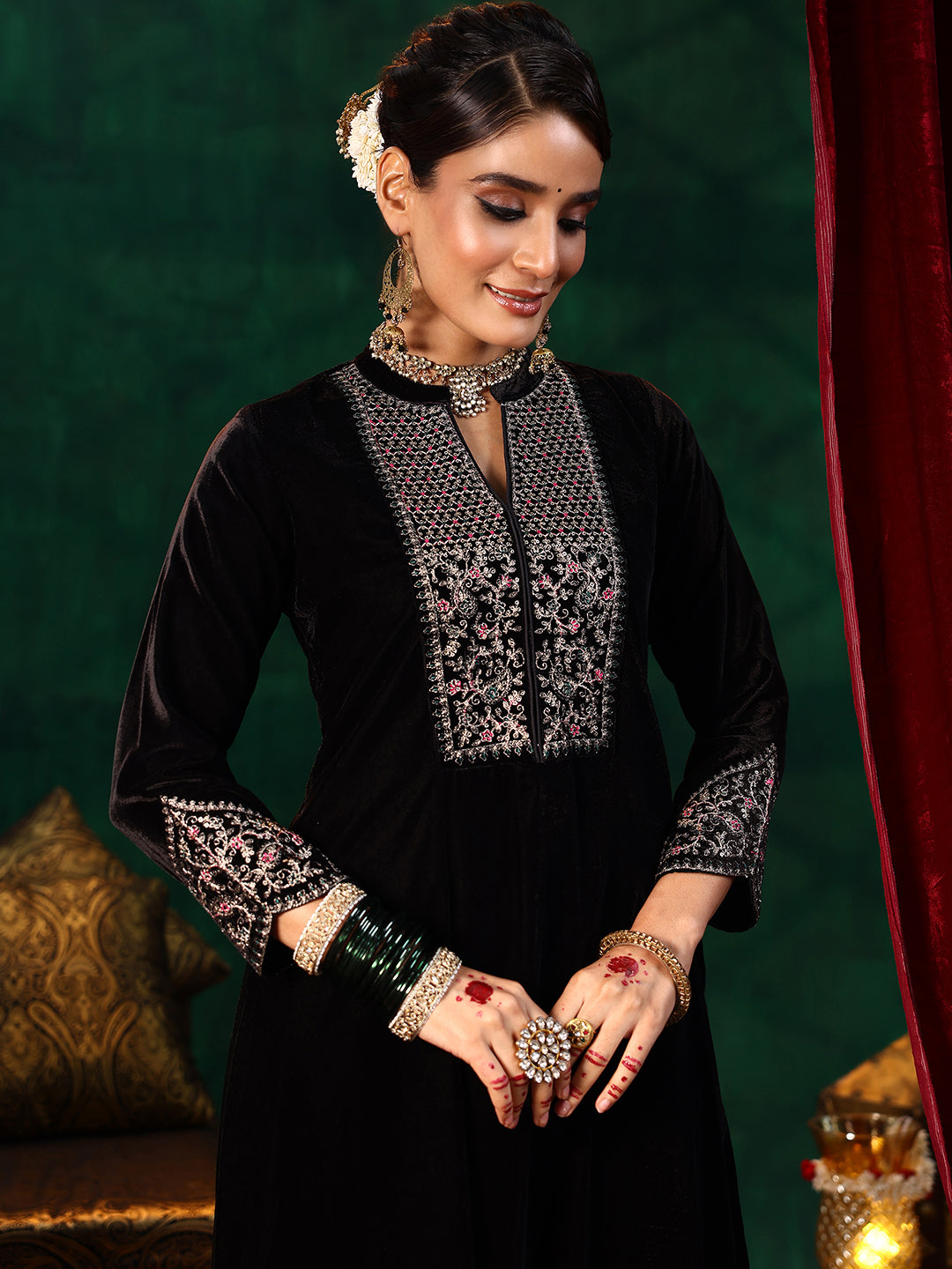 Black Yoke Design Velvet Straight Suit With Dupatta