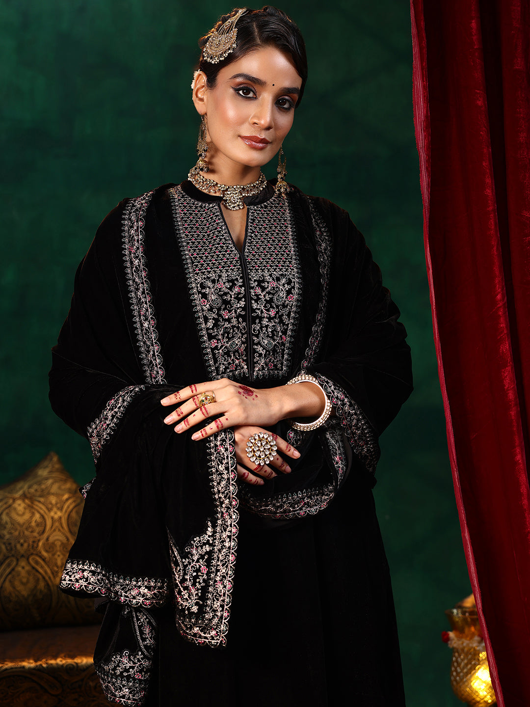 Black Yoke Design Velvet Straight Suit With Dupatta