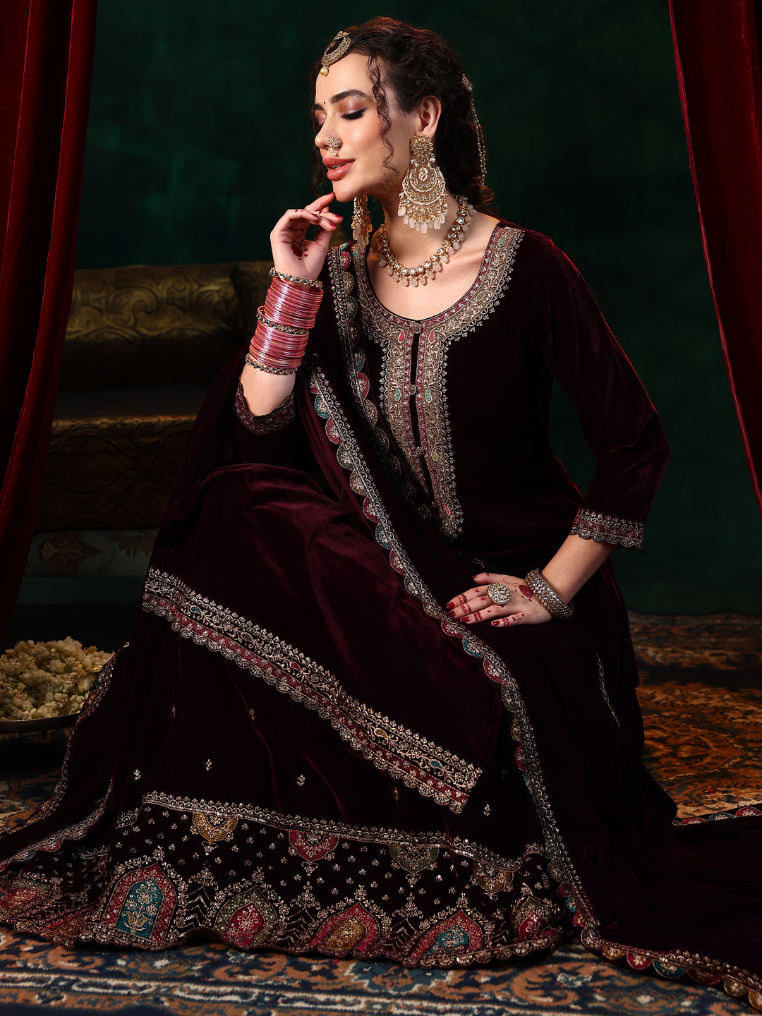 Burgundy Embroidered Velvet Straight Suit With Dupatta