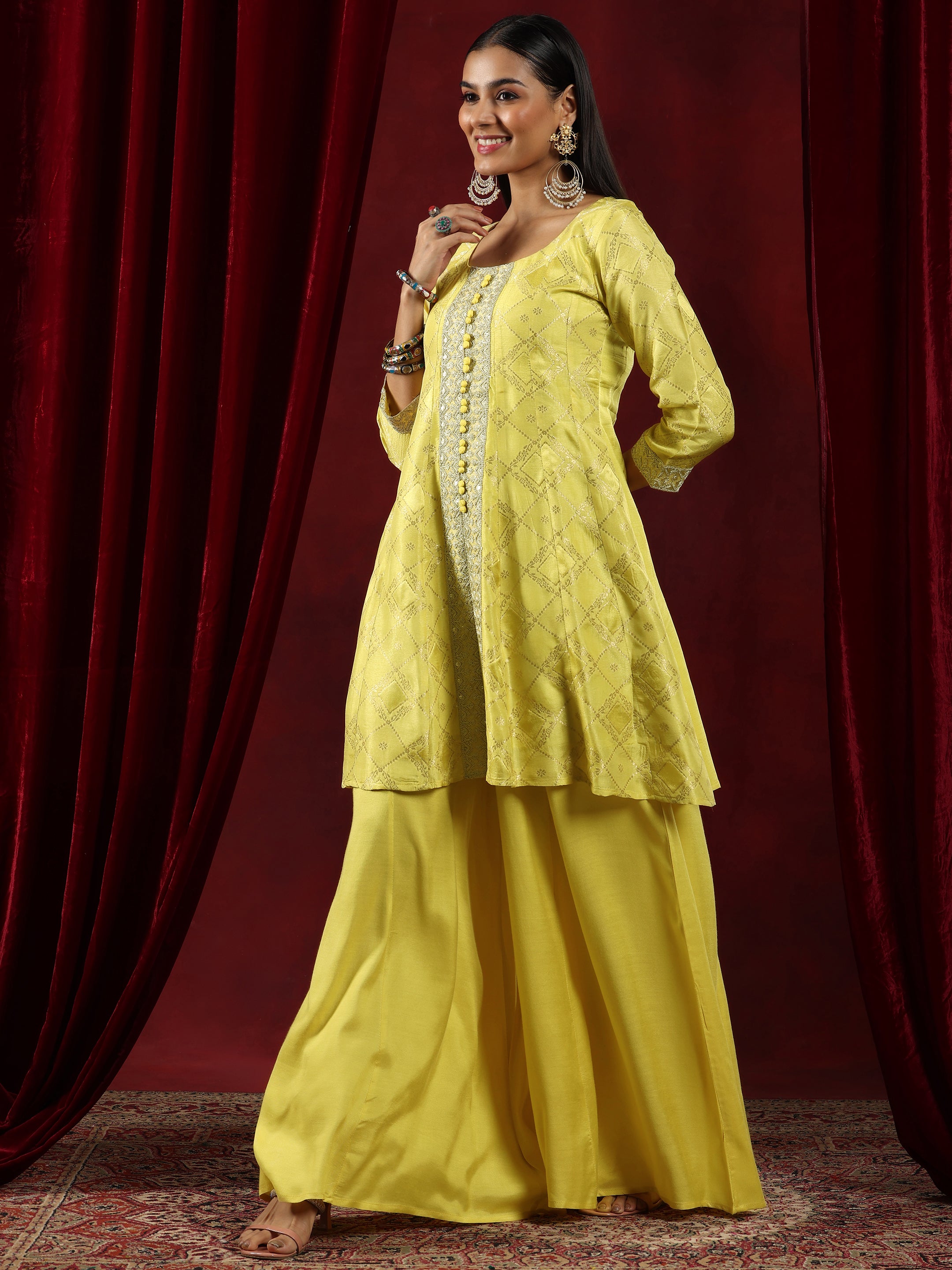 Libas Art Yellow Woven Design Silk Blend A-Line Kurta With Palazzos & Dupatta