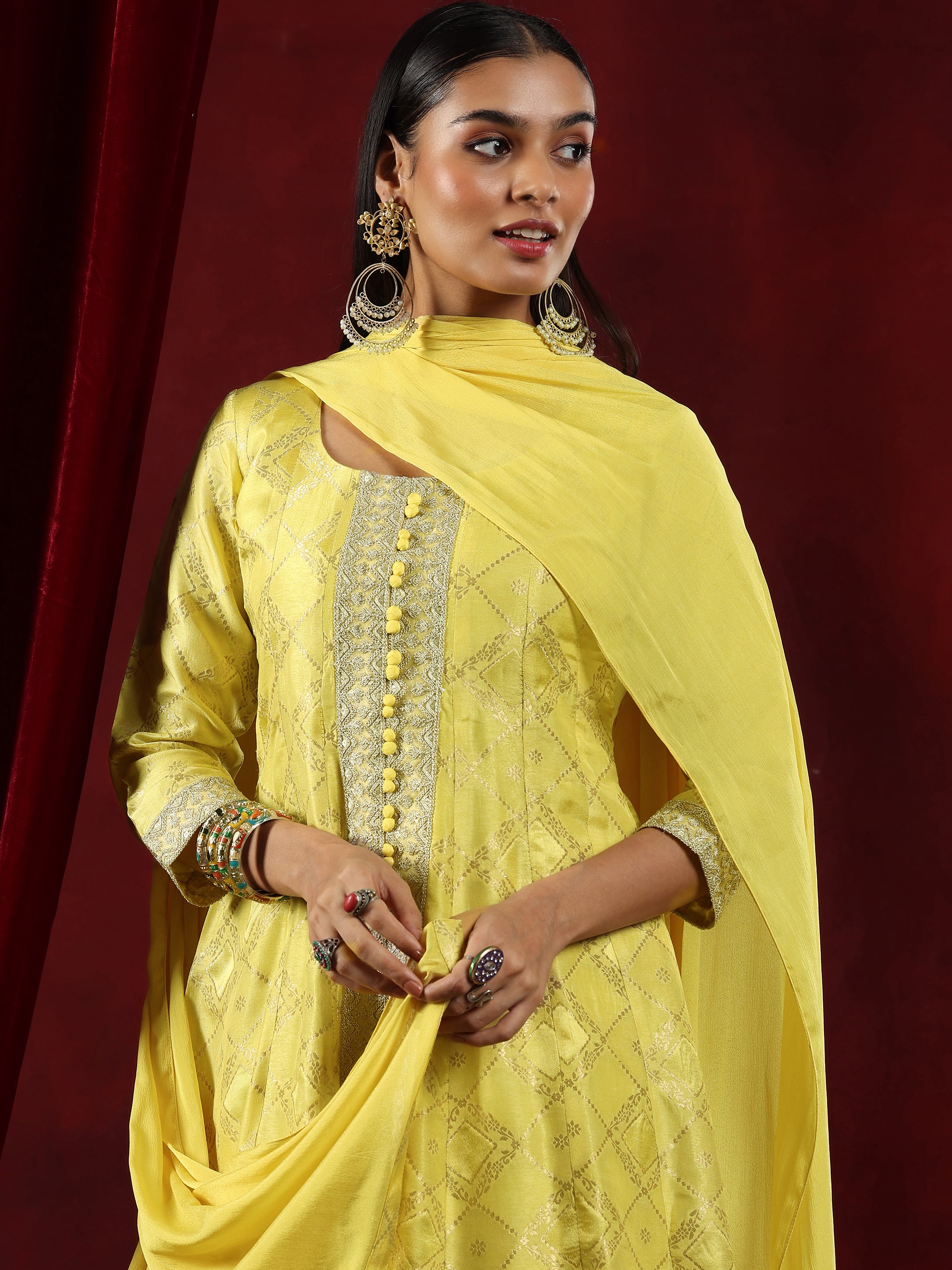 Libas Art Yellow Woven Design Silk Blend A-Line Kurta With Palazzos & Dupatta