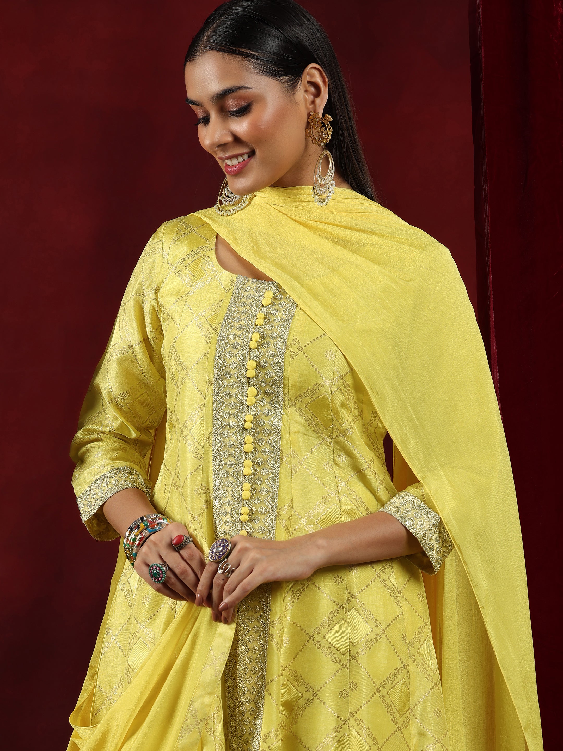 Libas Art Yellow Woven Design Silk Blend A-Line Kurta With Palazzos & Dupatta