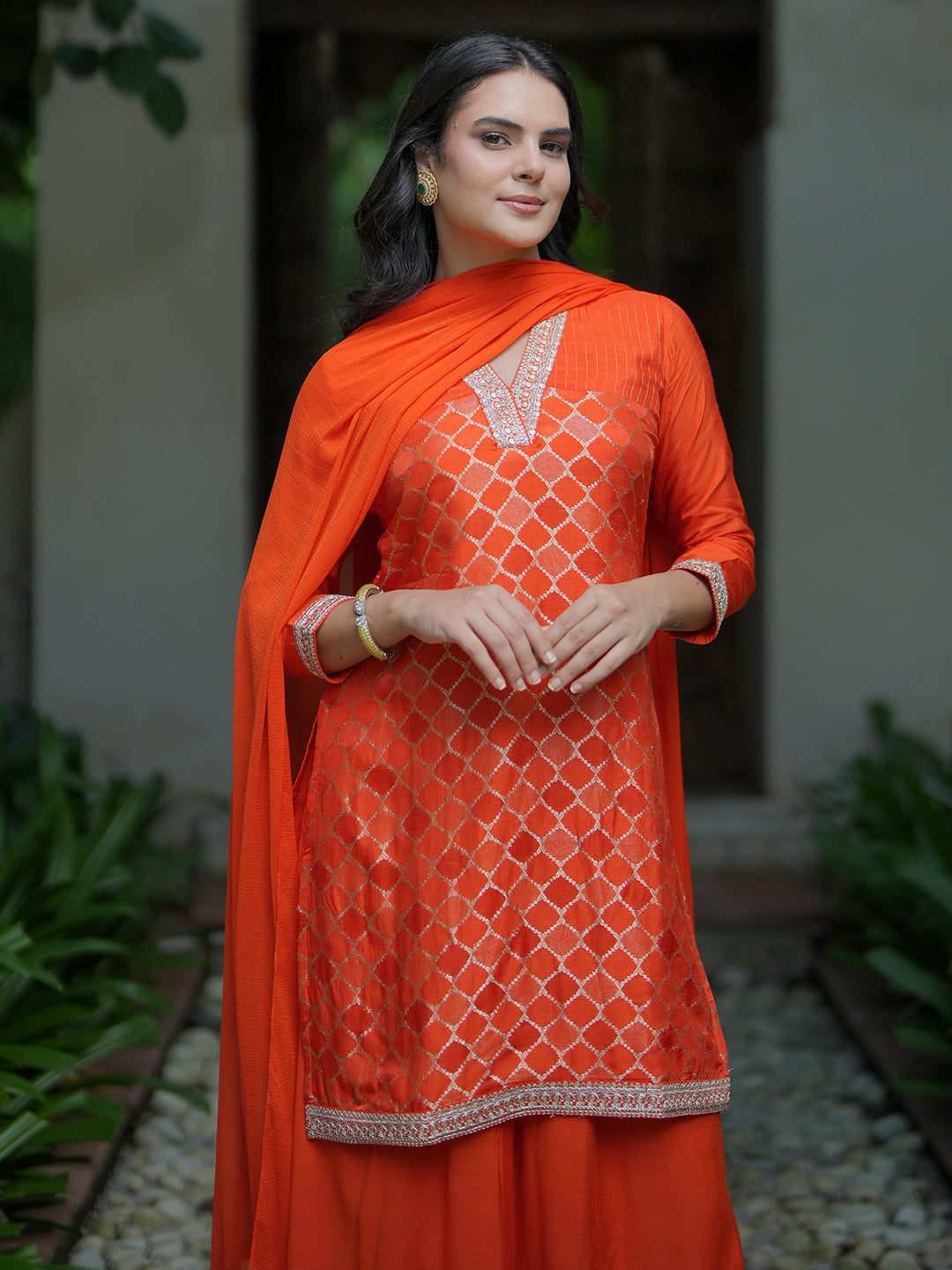 Orange Woven Design Silk Blend Straight Suit With Dupatta