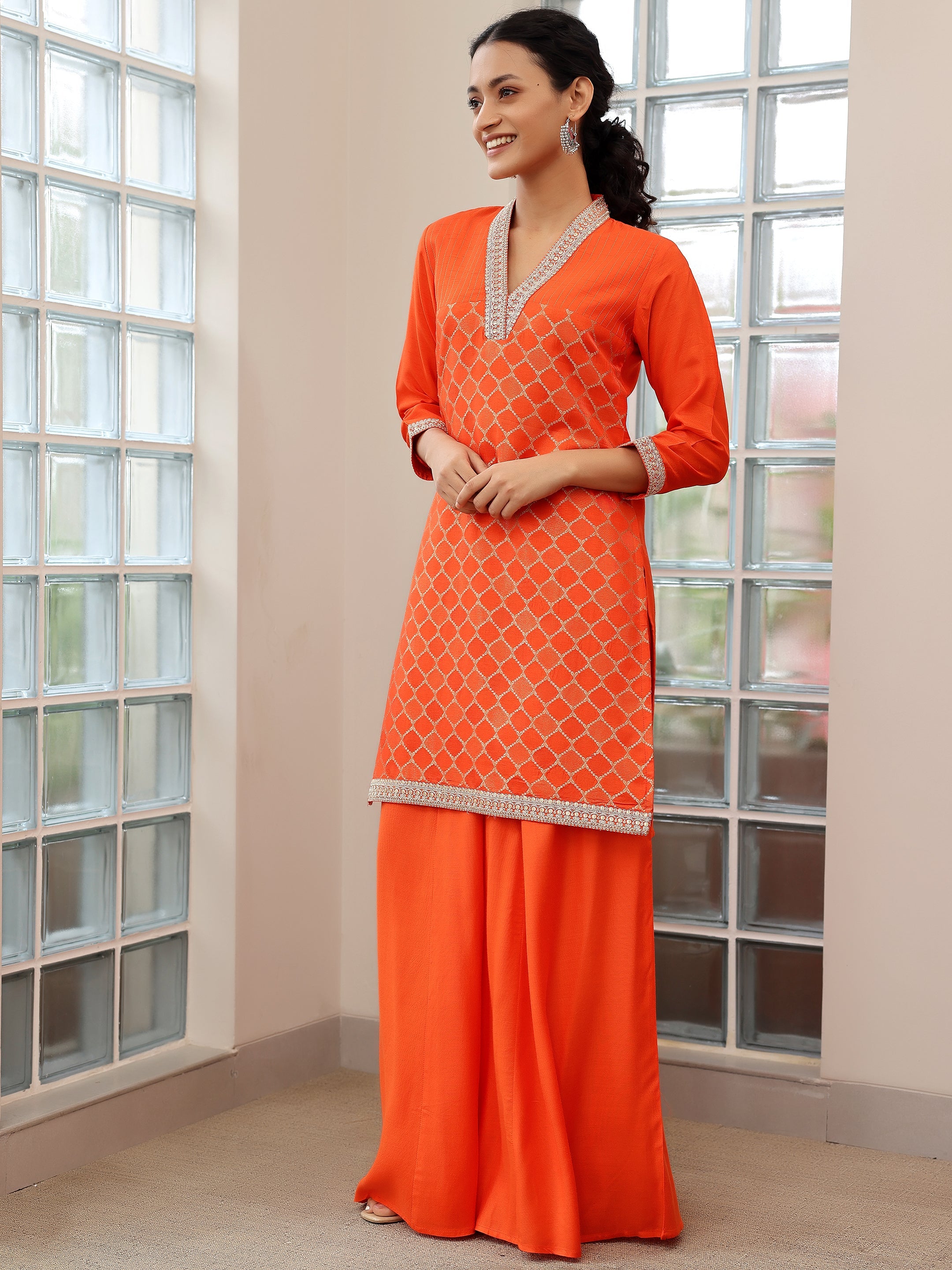 Orange Woven Design Silk Blend Straight Suit With Dupatta