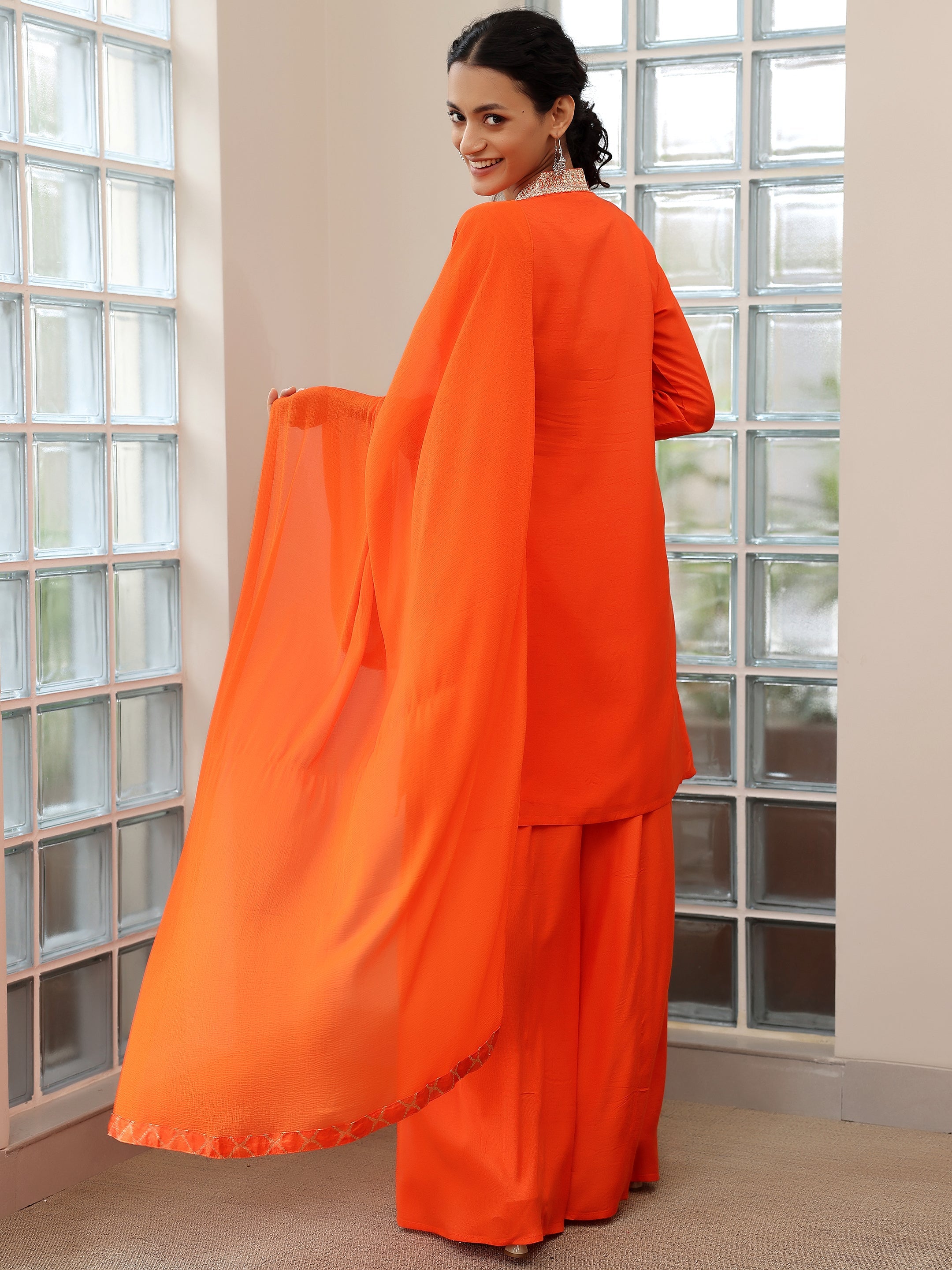 Orange Woven Design Silk Blend Straight Suit With Dupatta