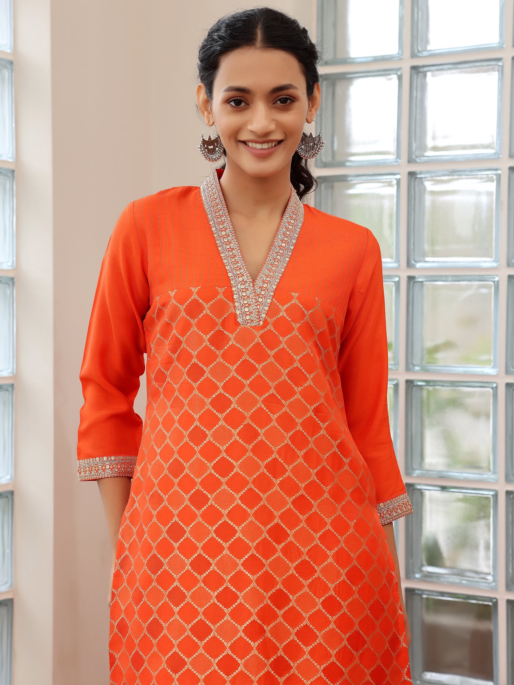 Orange Woven Design Silk Blend Straight Suit With Dupatta