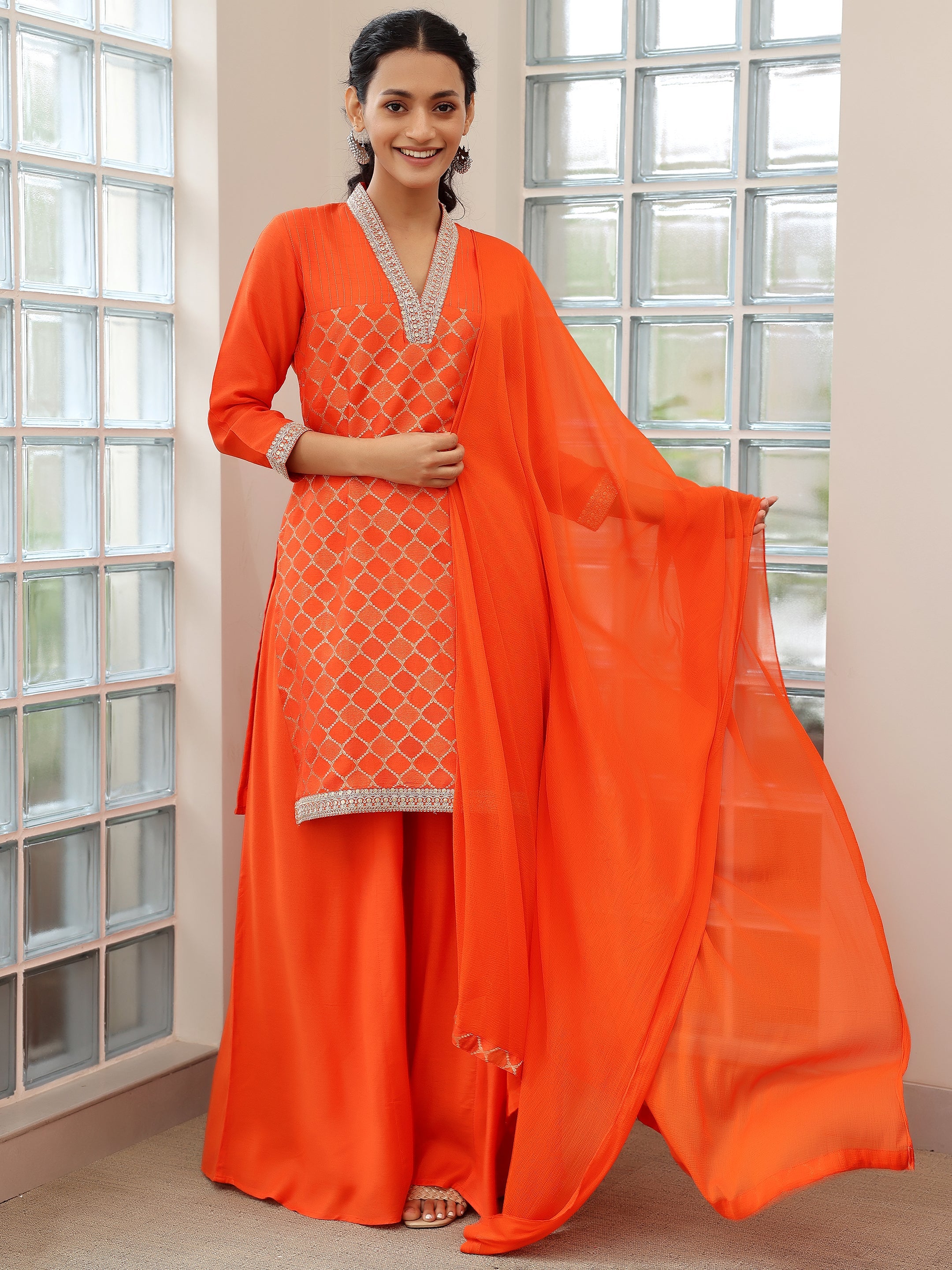 Orange Woven Design Silk Blend Straight Suit With Dupatta