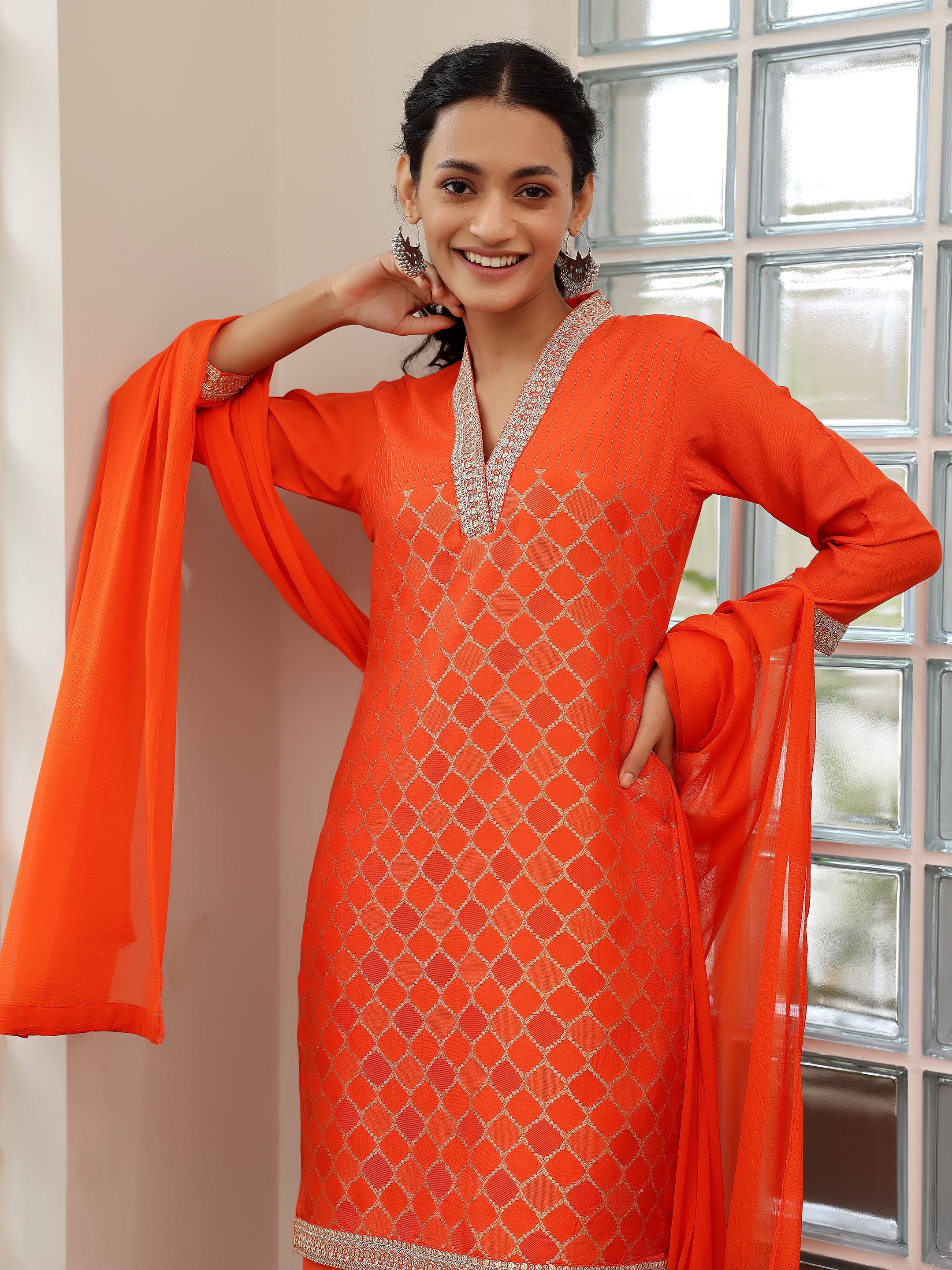 Orange Woven Design Silk Blend Straight Suit With Dupatta