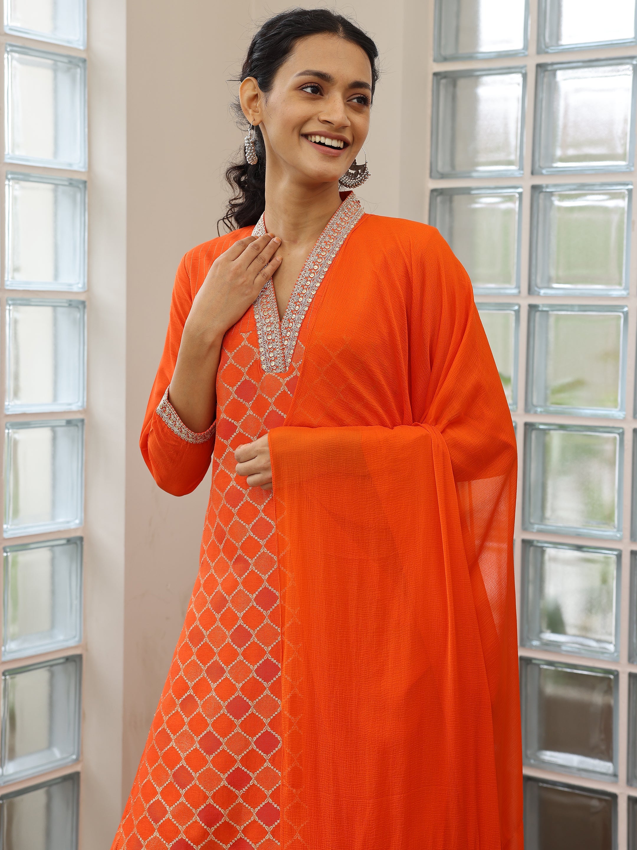 Orange Woven Design Silk Blend Straight Suit With Dupatta