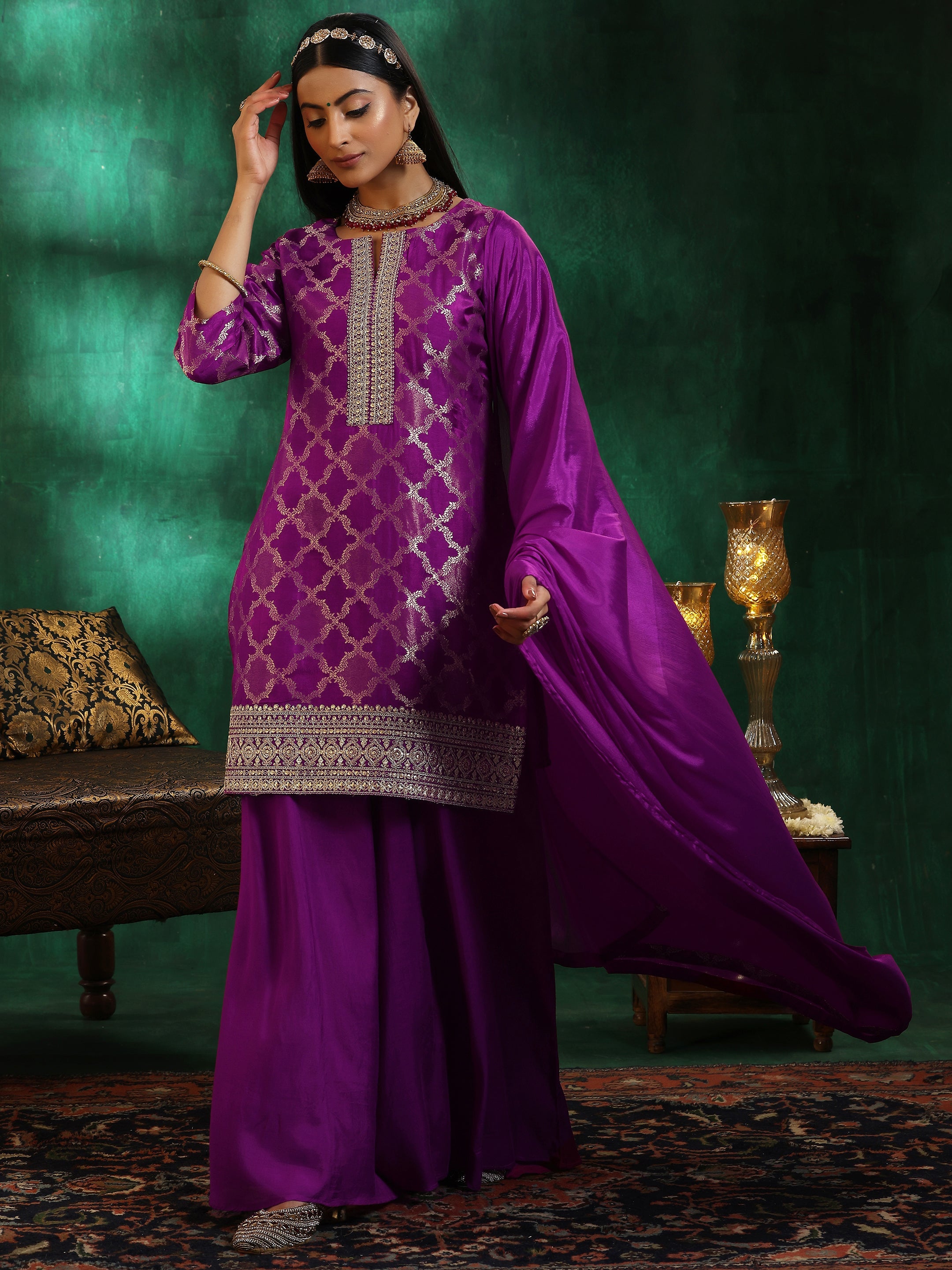 Magenta Woven Design Silk Blend Straight Suit With Dupatta