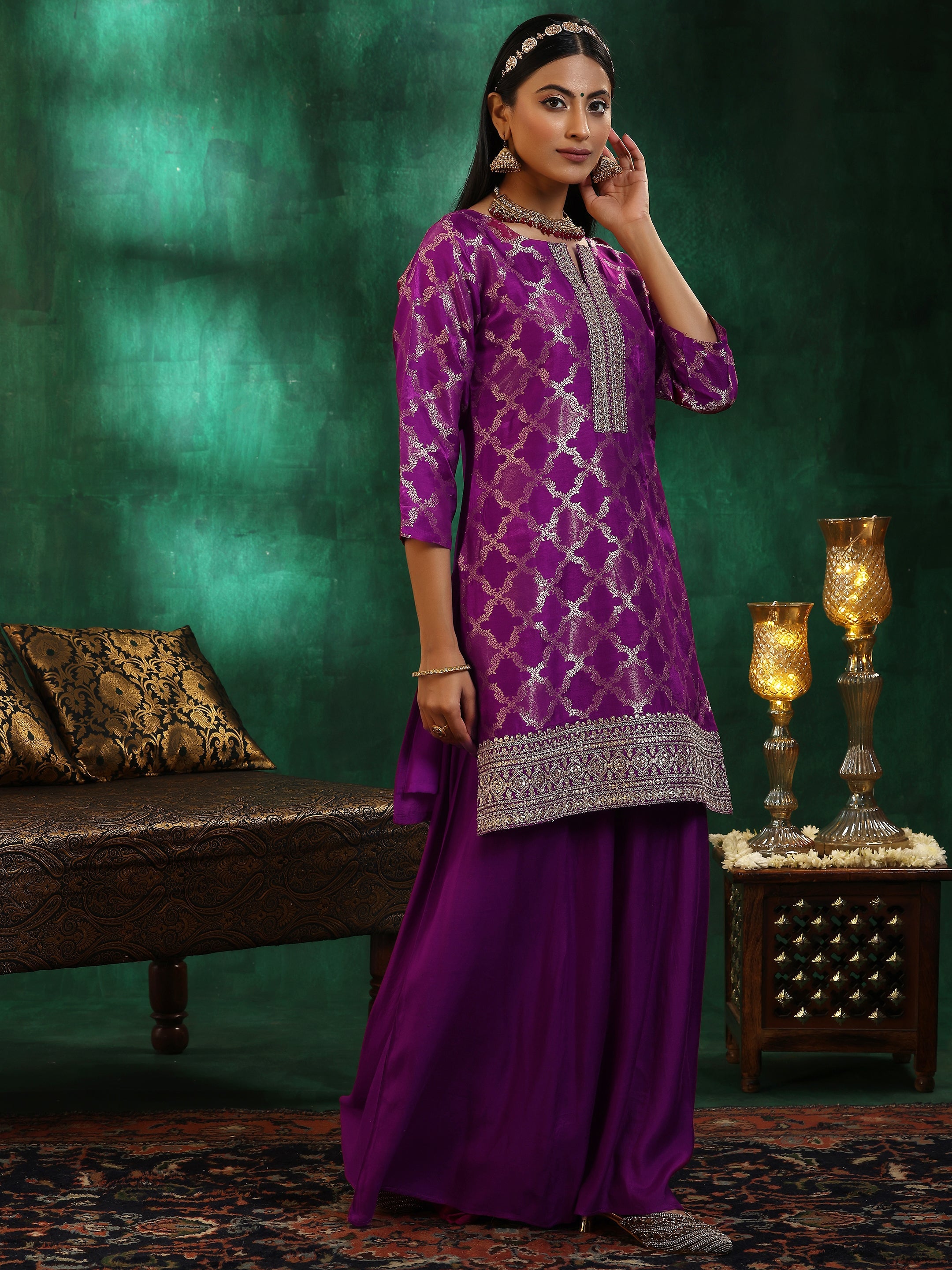 Magenta Woven Design Silk Blend Straight Suit With Dupatta