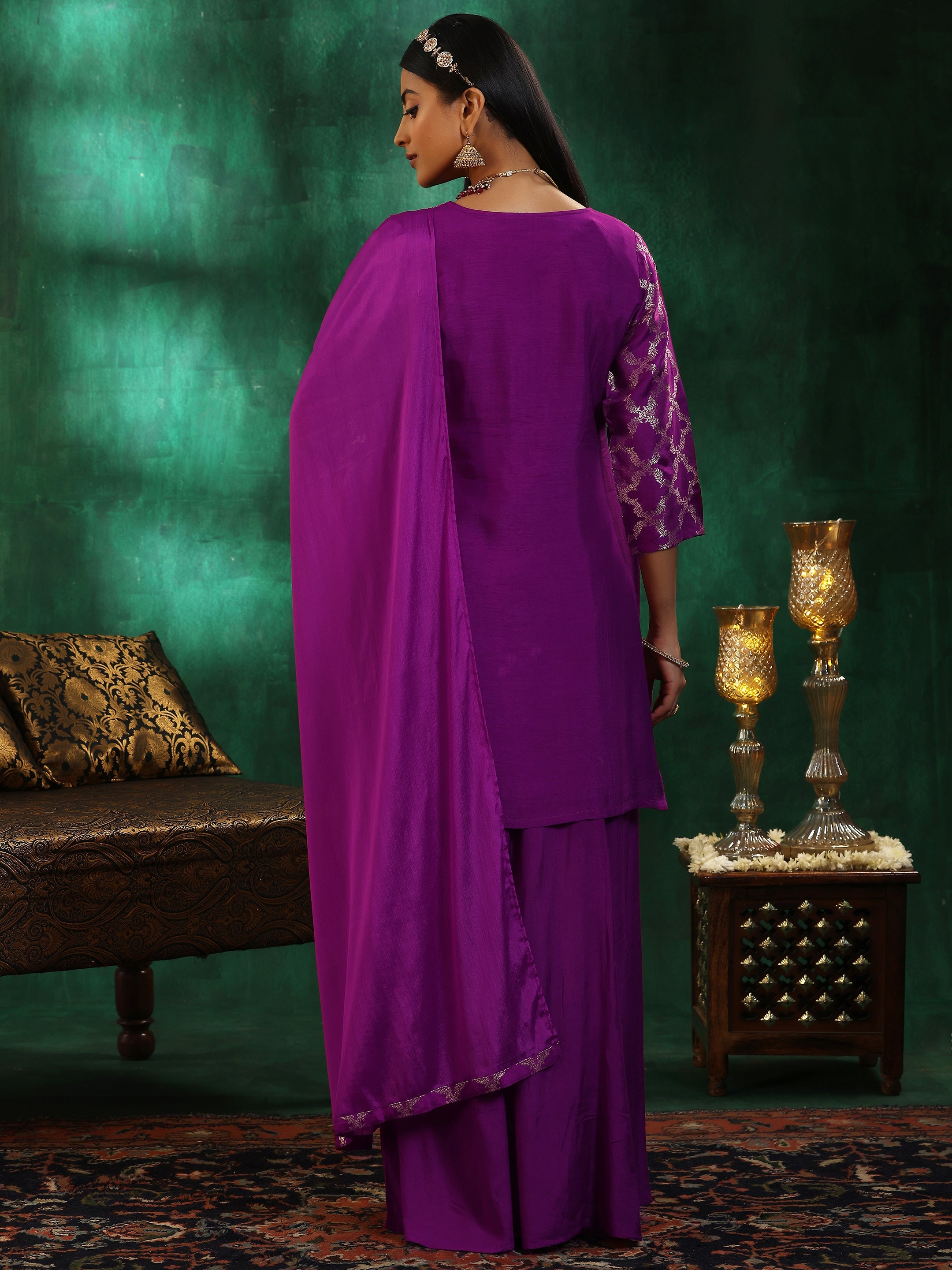 Magenta Woven Design Silk Blend Straight Suit With Dupatta