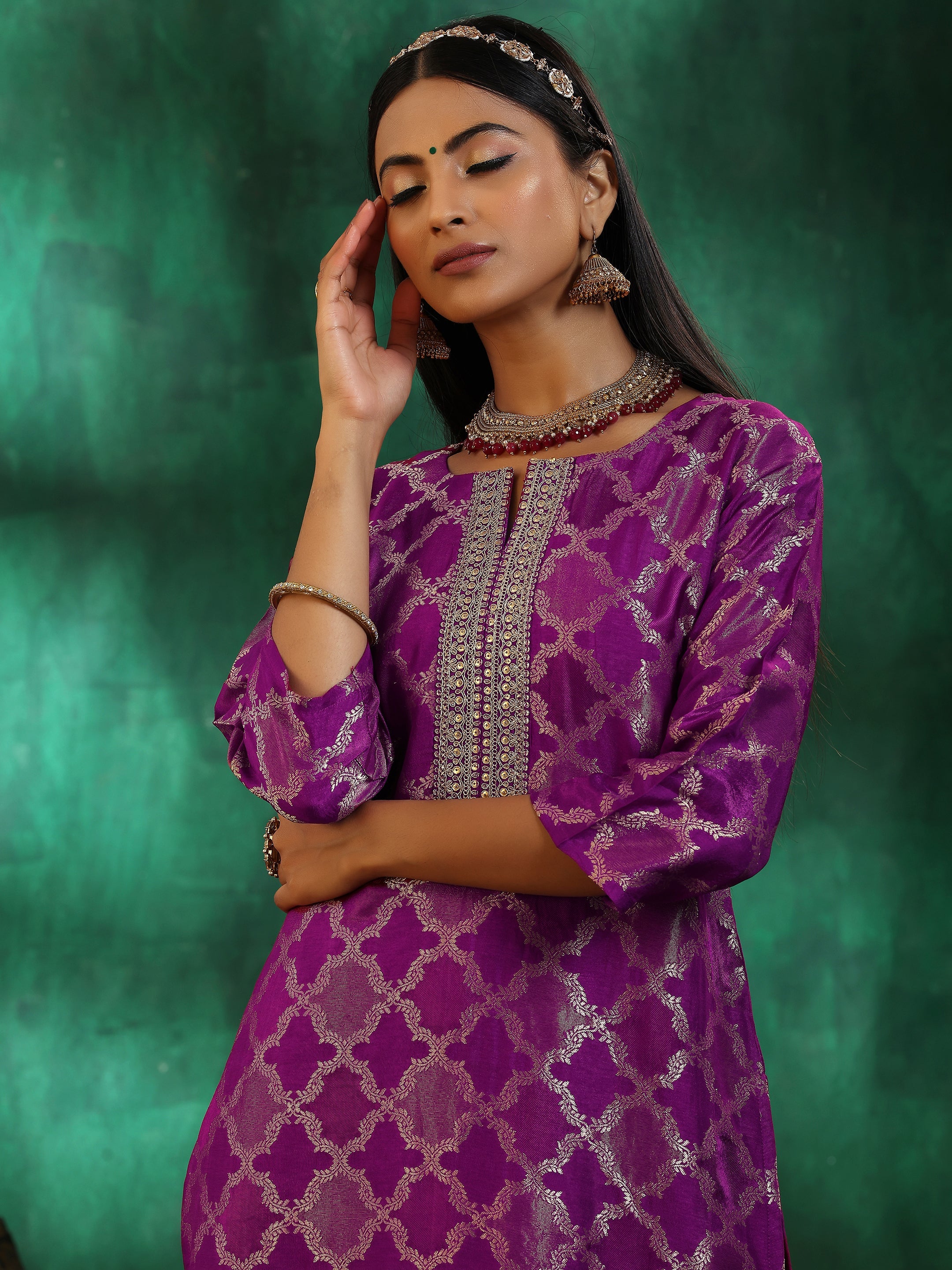 Magenta Woven Design Silk Blend Straight Suit With Dupatta