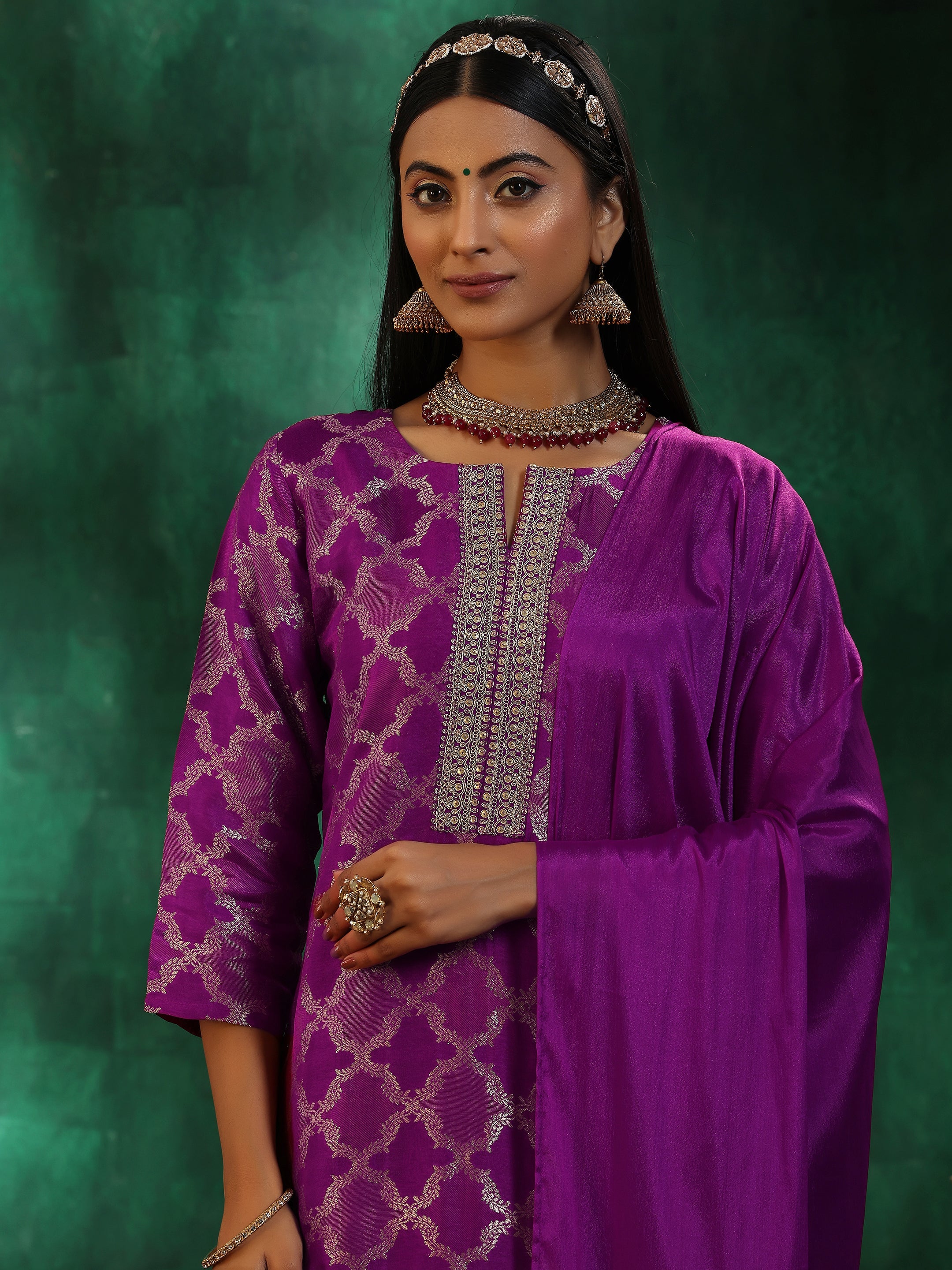 Magenta Woven Design Silk Blend Straight Suit With Dupatta