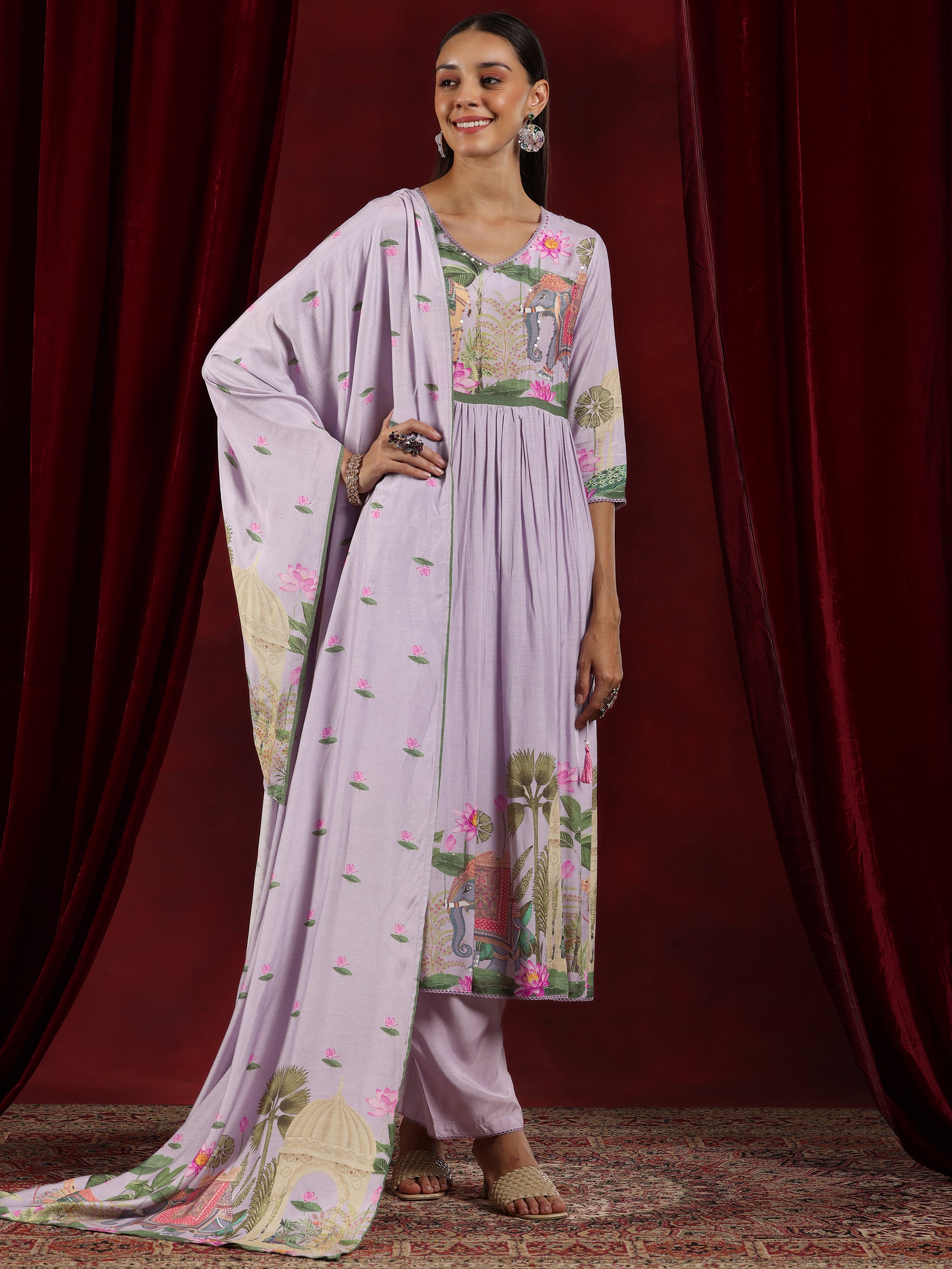 Libas Art Lilac Printed Cotton Blend Anarkali Suit With Dupatta